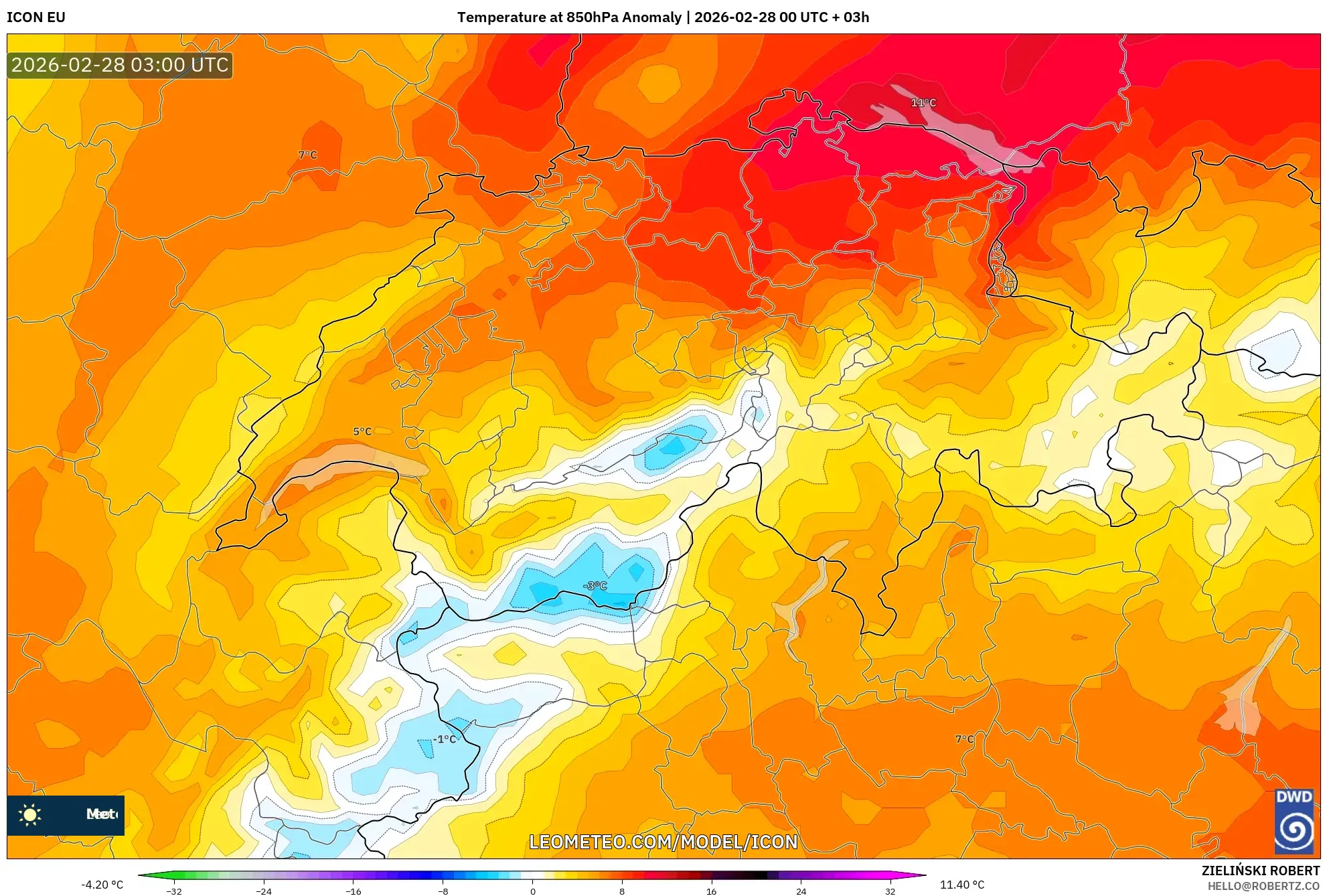 ICON model - Switzerland, Temperature at 850hPa Anomaly