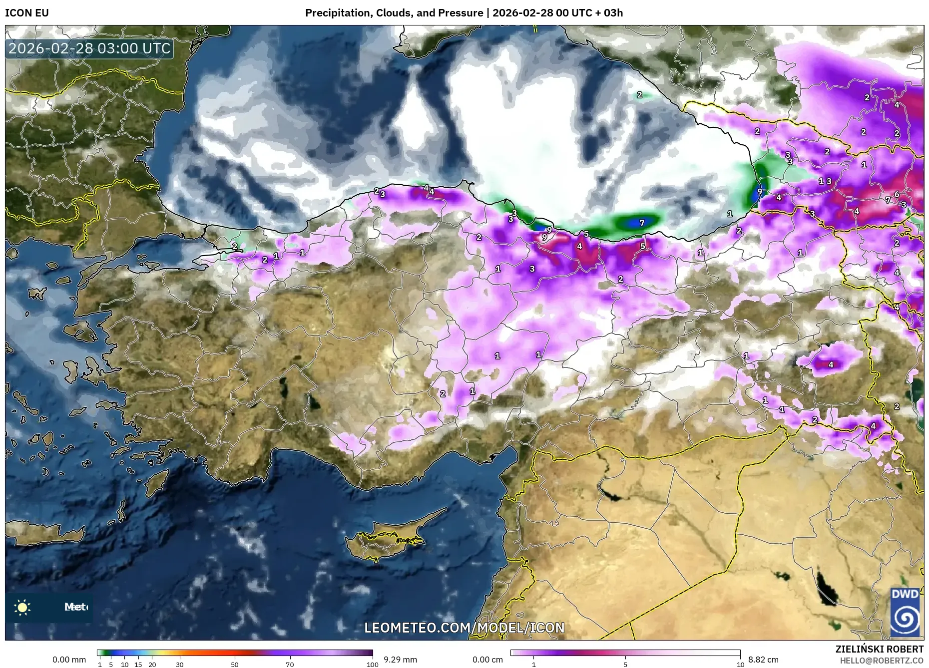 ICON model - Turkey, Precipitation, Clouds, and Pressure