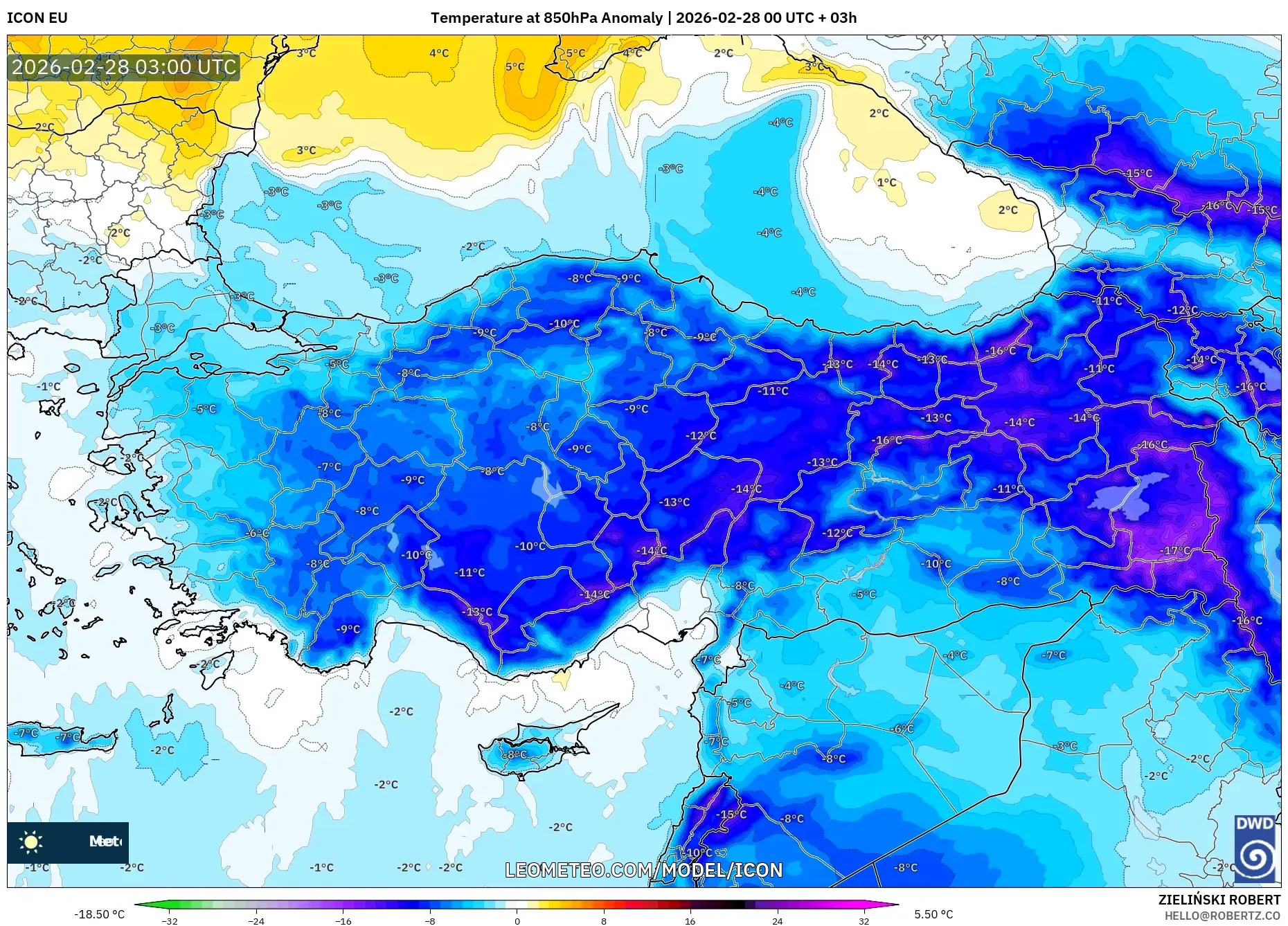 ICON model - Turkey, Temperature at 850hPa Anomaly