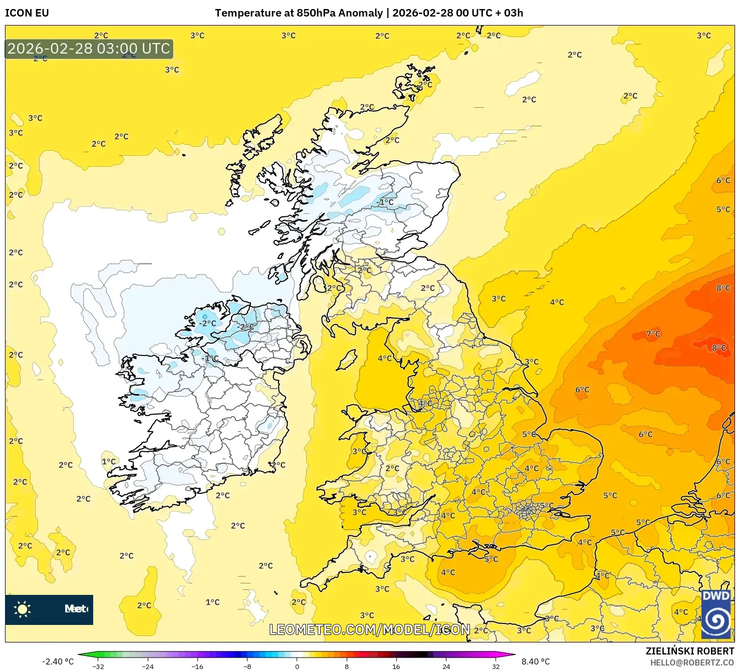 ICON model - United Kingdom, Temperature at 850hPa Anomaly