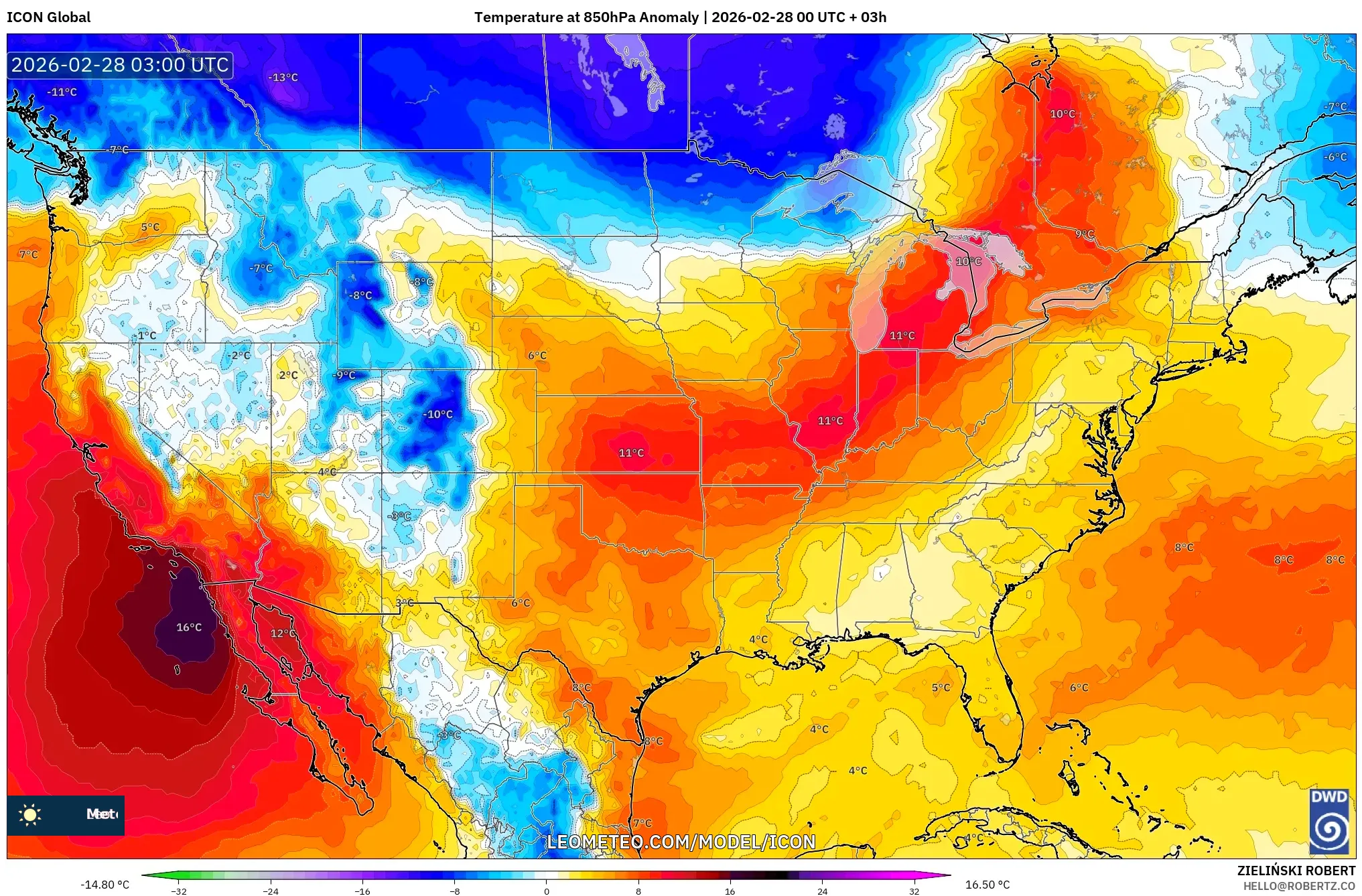 ICON model - United States, Temperature at 850hPa Anomaly