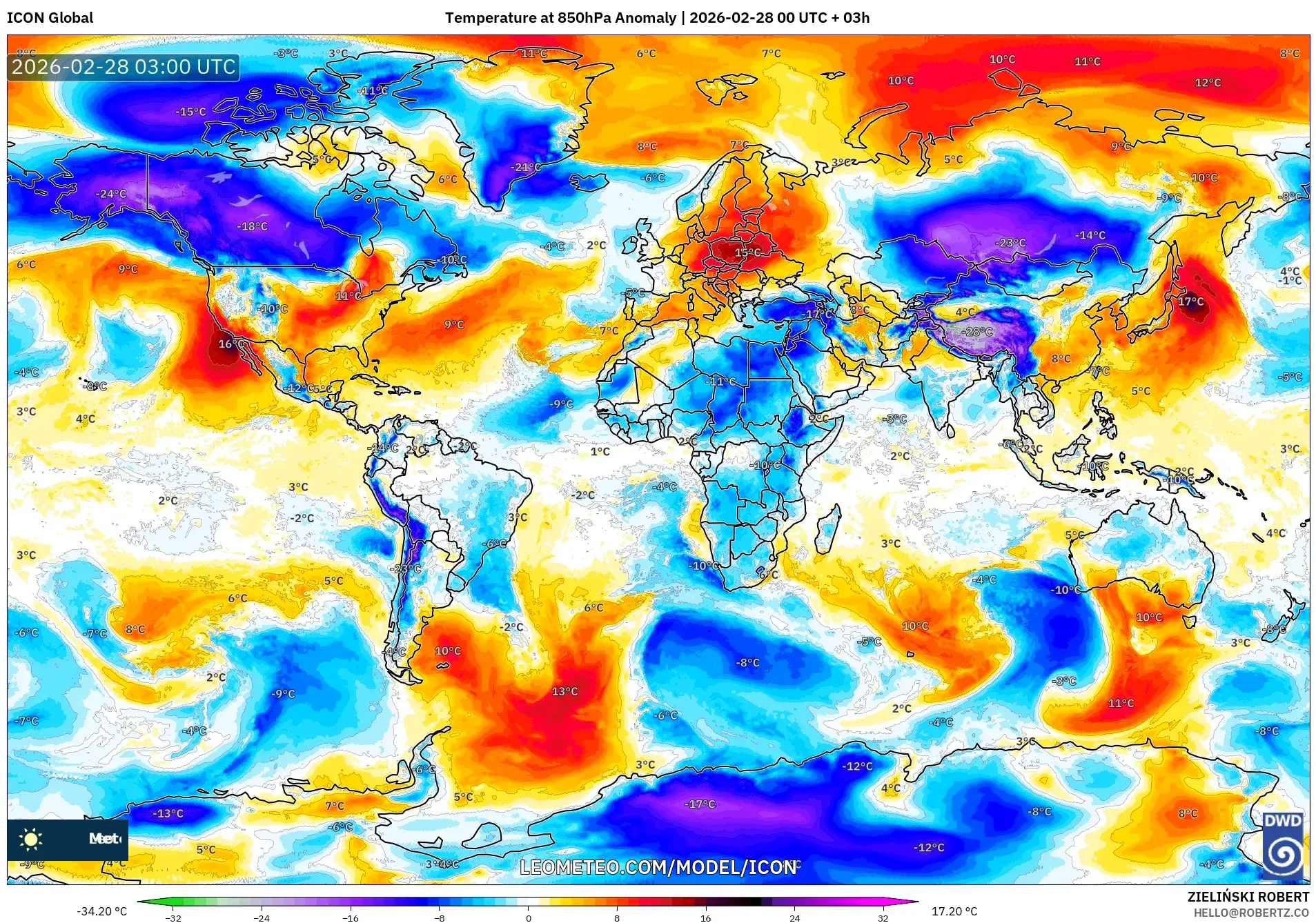 ICON model - World, Temperature at 850hPa Anomaly