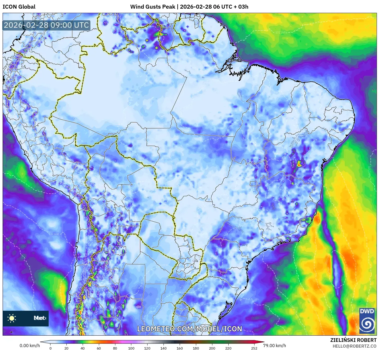 ICON model - Brazil, Wind Gusts Peak