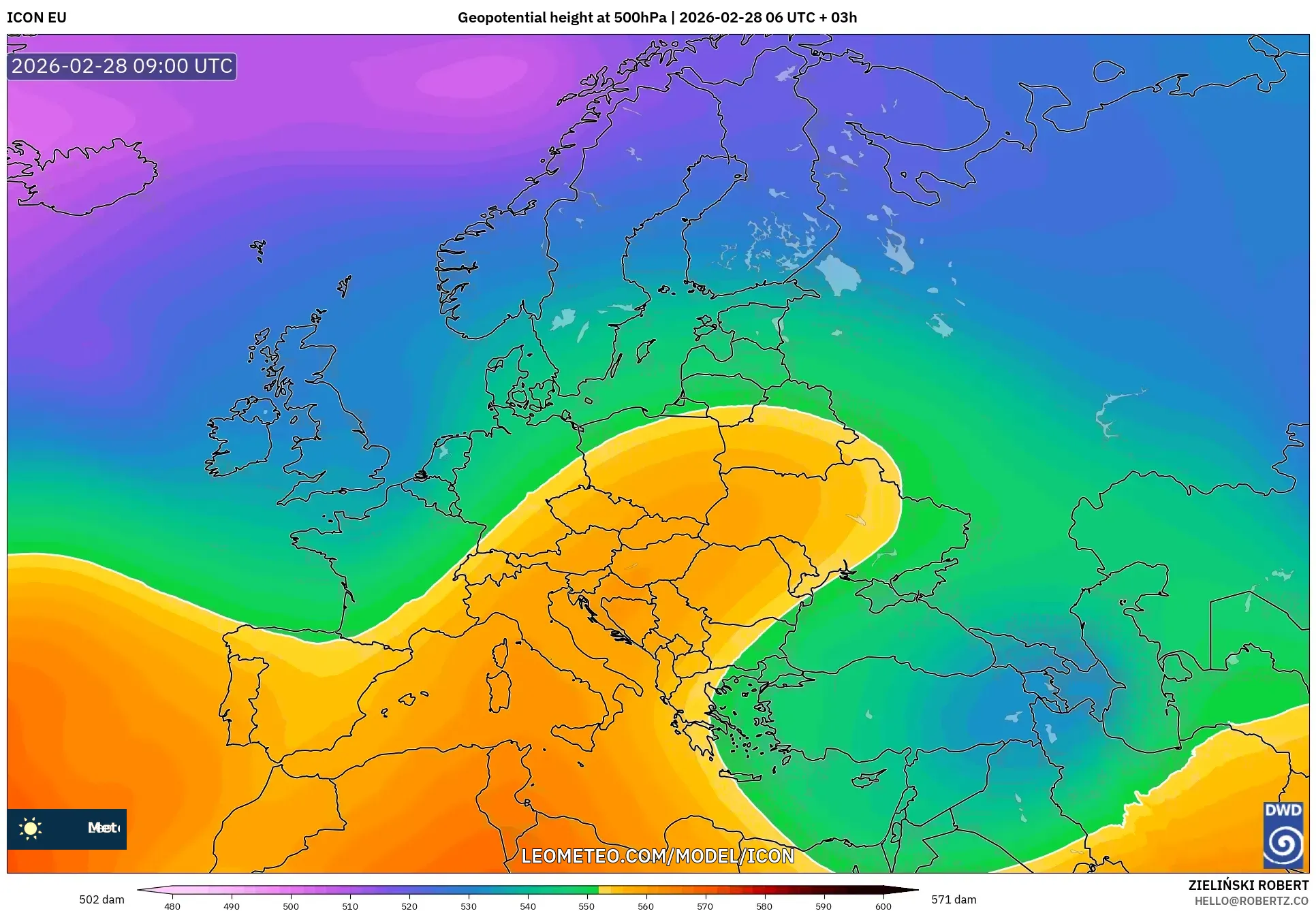 ICON model - Europe, Geopotential height at 500hPa