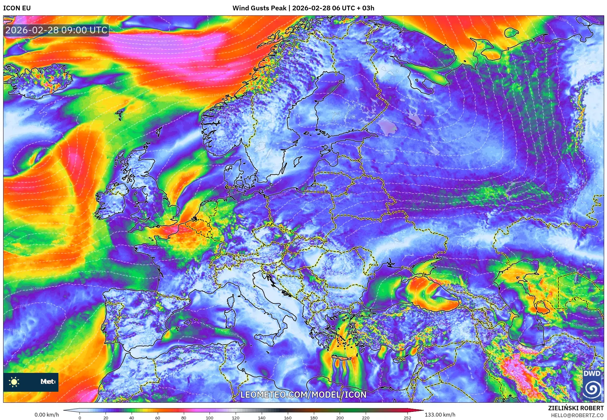 ICON model - Europe, Wind Gusts Peak