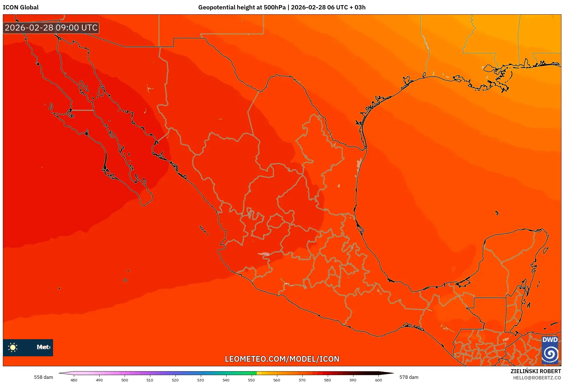 ICON model - Mexico, Geopotential height at 500hPa