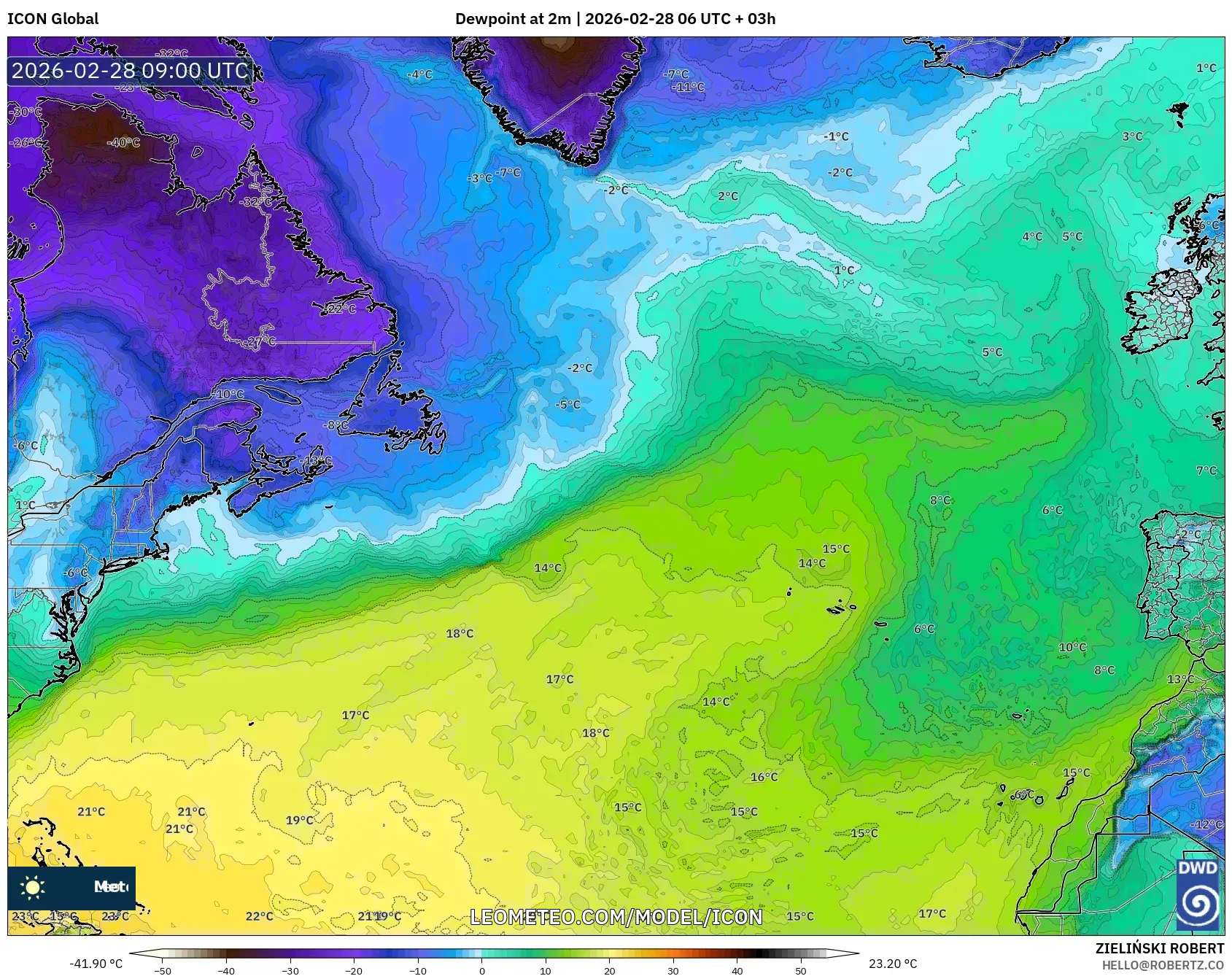 ICON model - North Atlantic, Dewpoint at 2m