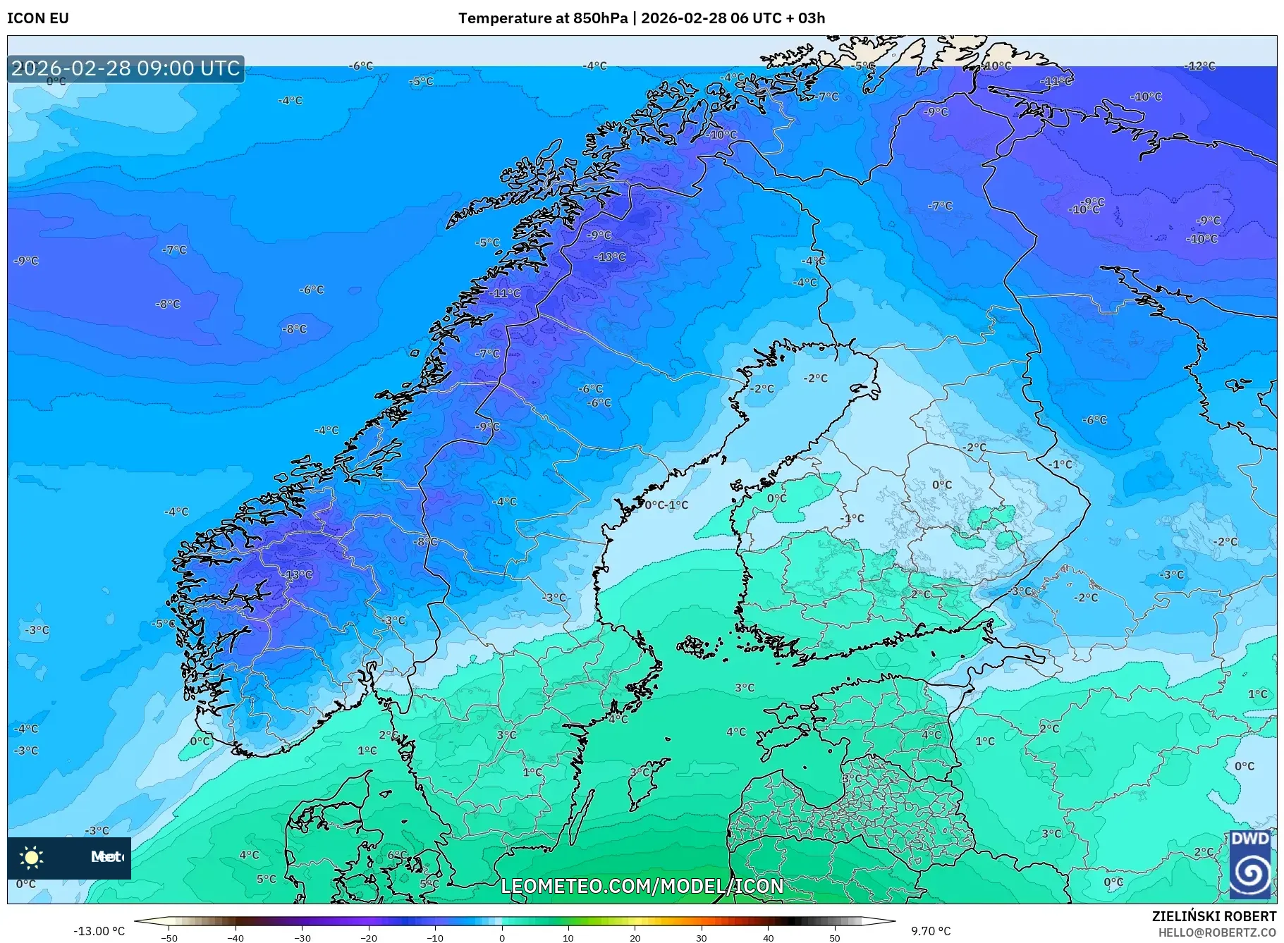 ICON model - Scandinavia, Temperature at 850hPa
