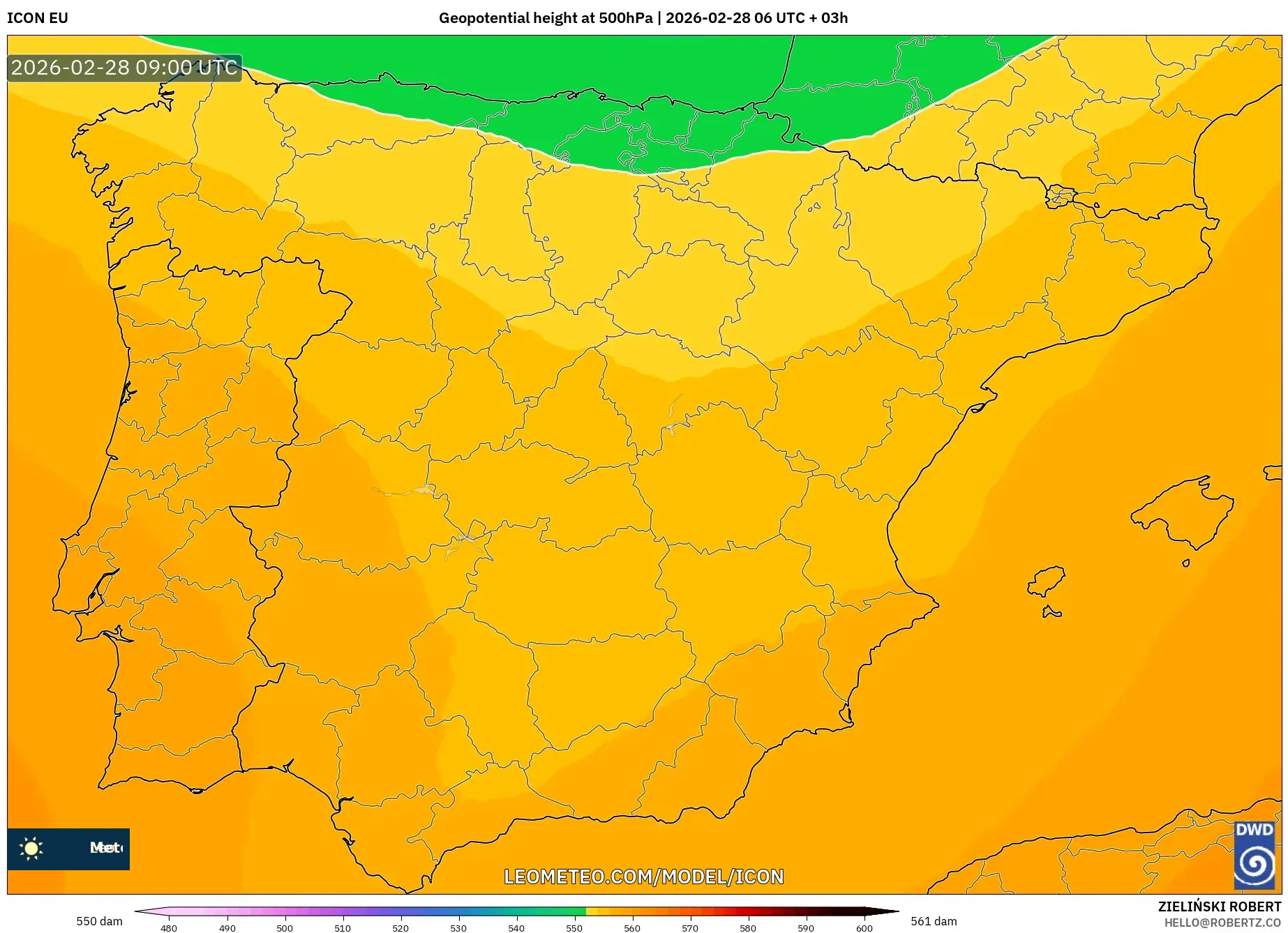 ICON model - Spain, Geopotential height at 500hPa