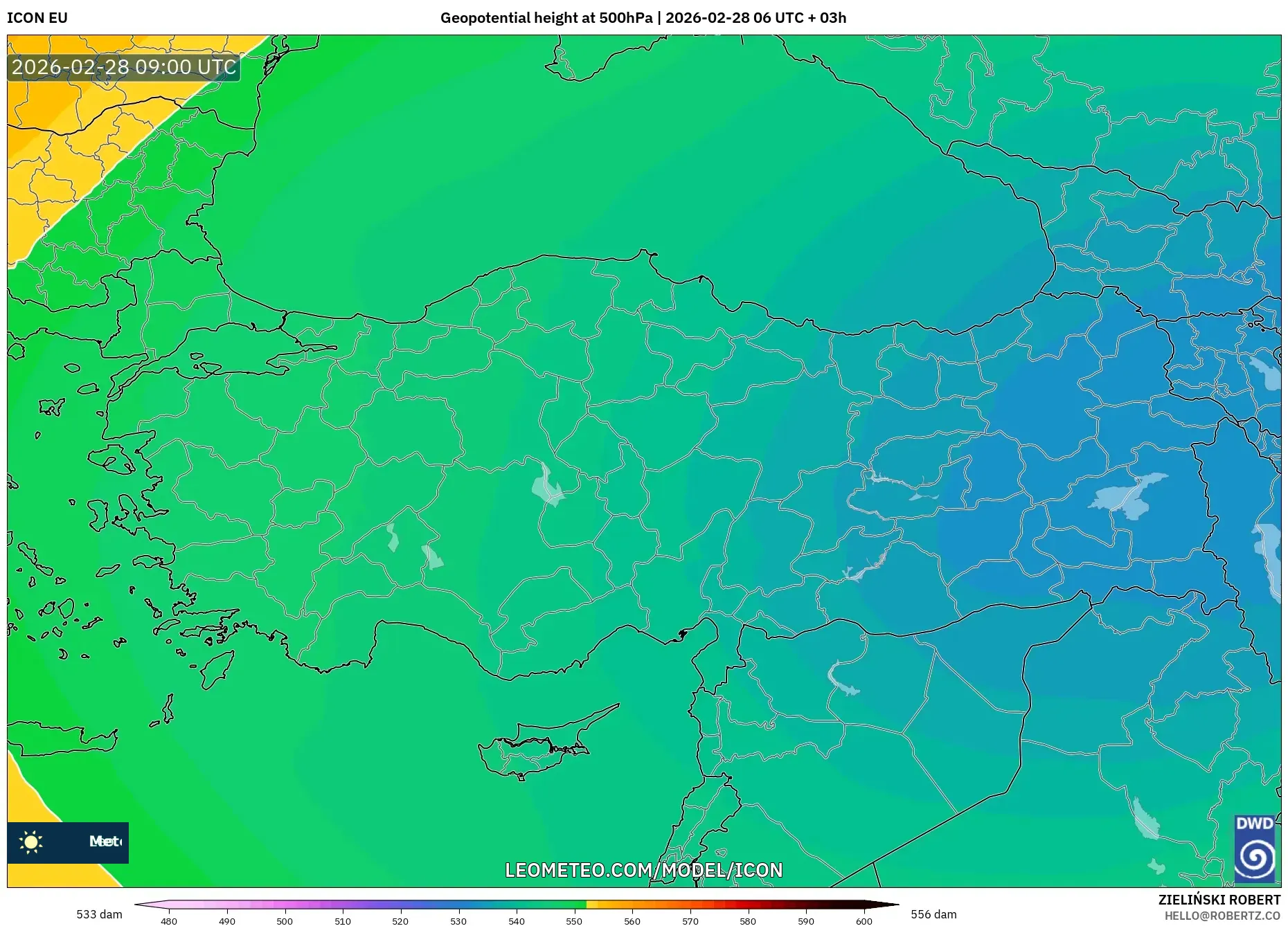 ICON model - Turkey, Geopotential height at 500hPa
