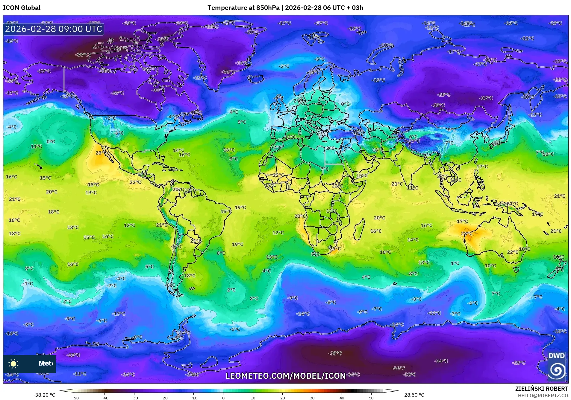 ICON model - World, Temperature at 850hPa