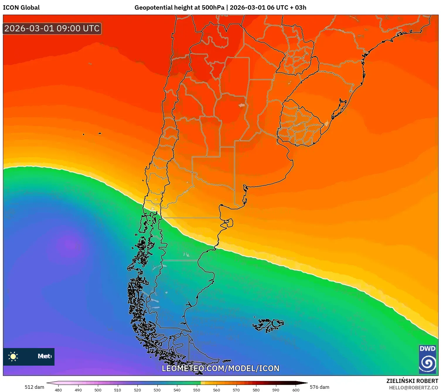 ICON model - Argentina, Geopotential height at 500hPa