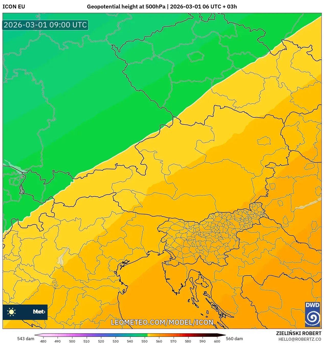 ICON model - Austria, Geopotential height at 500hPa