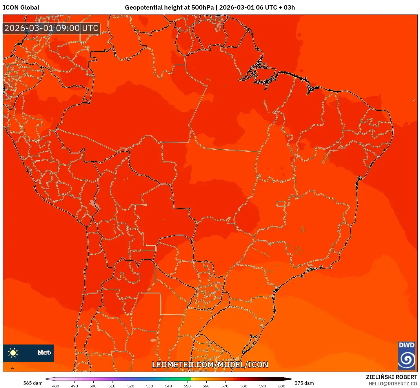 ICON model - Brazil, Geopotential height at 500hPa