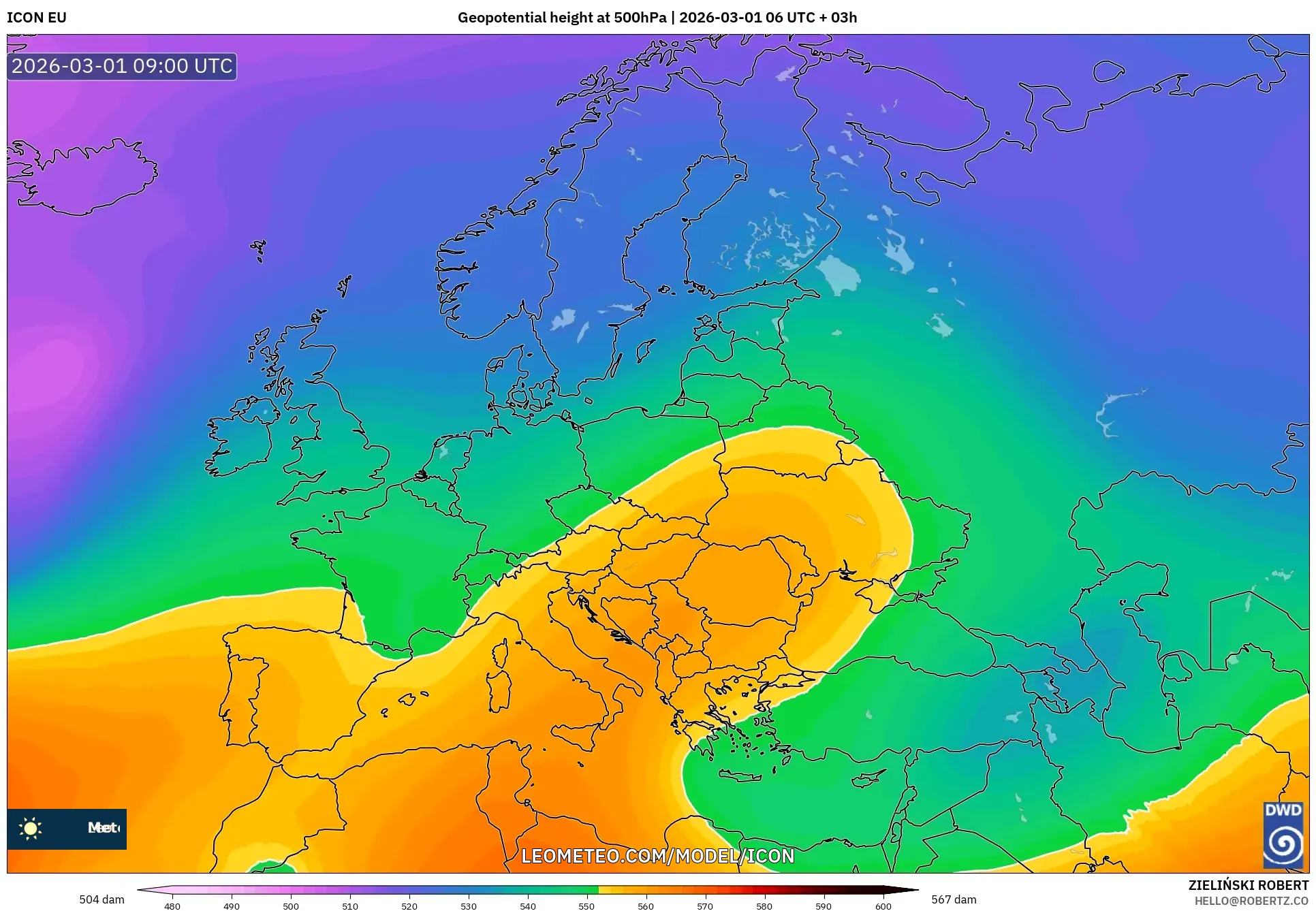 ICON model - Europe, Geopotential height at 500hPa