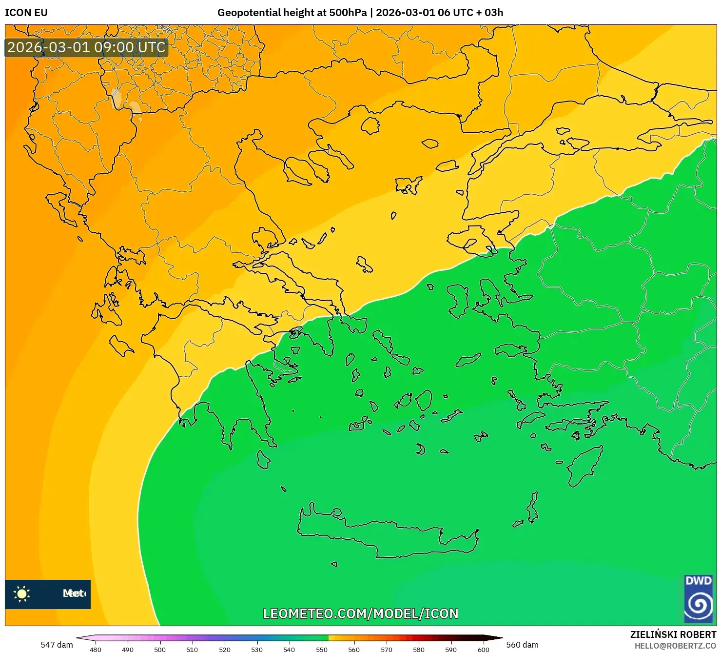 ICON model - Greece, Geopotential height at 500hPa