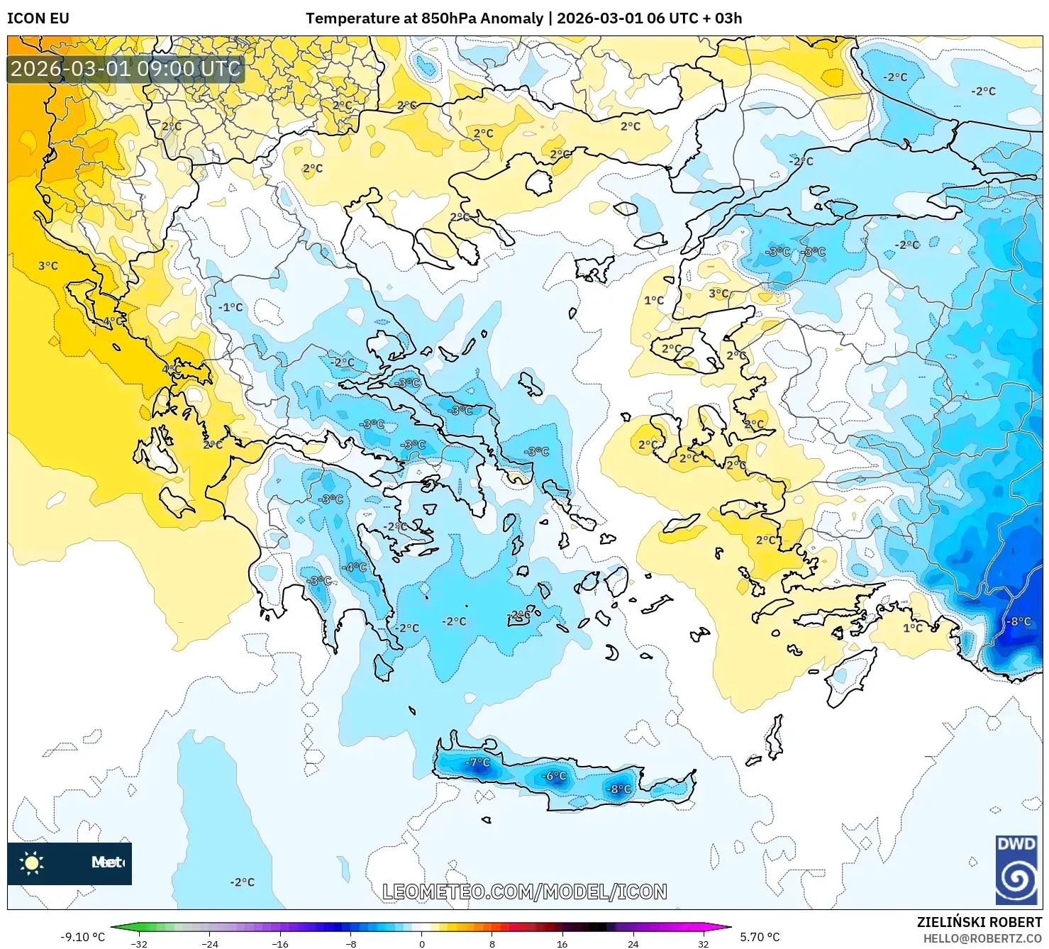 ICON model - Greece, Temperature at 850hPa Anomaly
