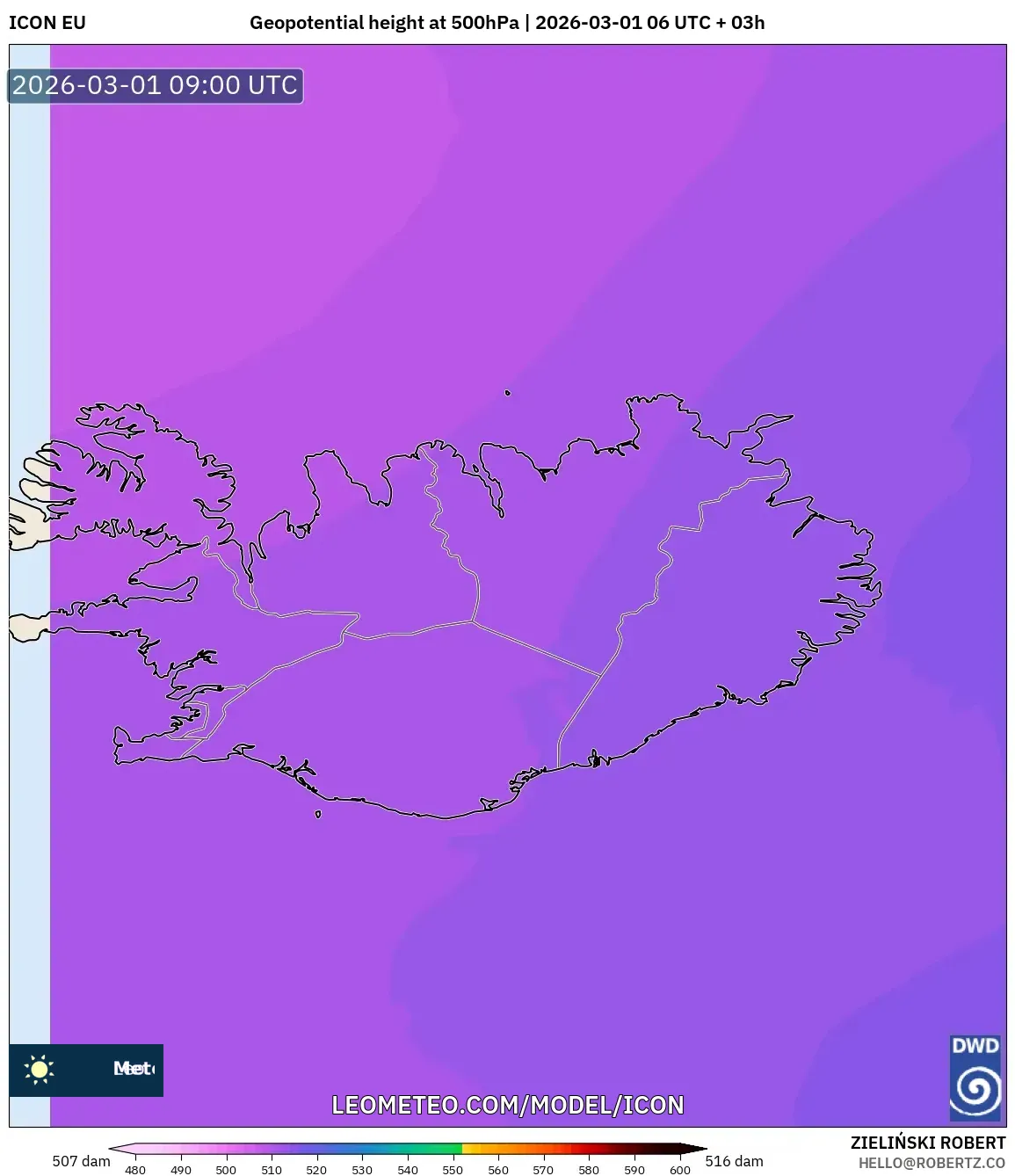 ICON model - Iceland, Geopotential height at 500hPa