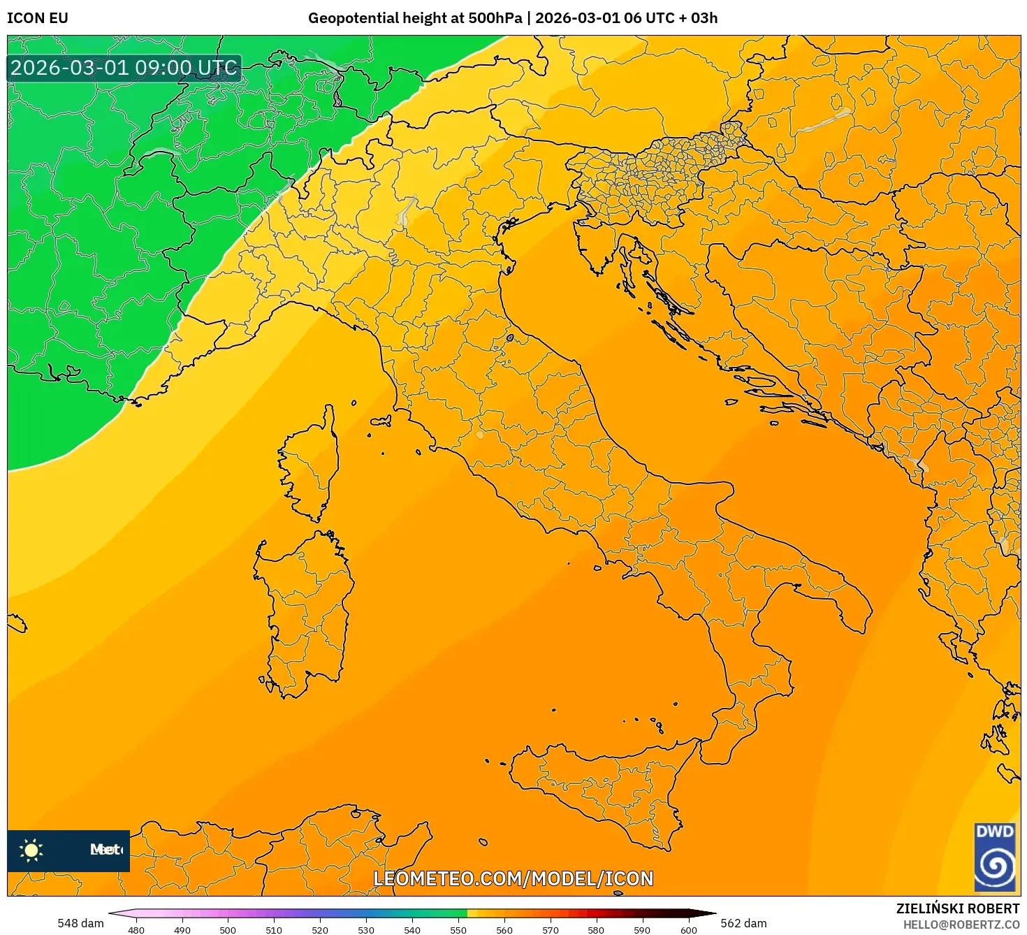 ICON model - Italy, Geopotential height at 500hPa