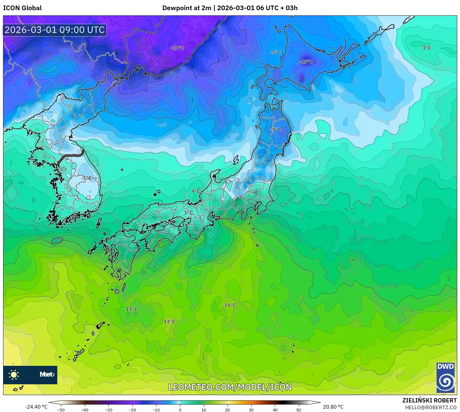 ICON model - Japan, Dewpoint at 2m