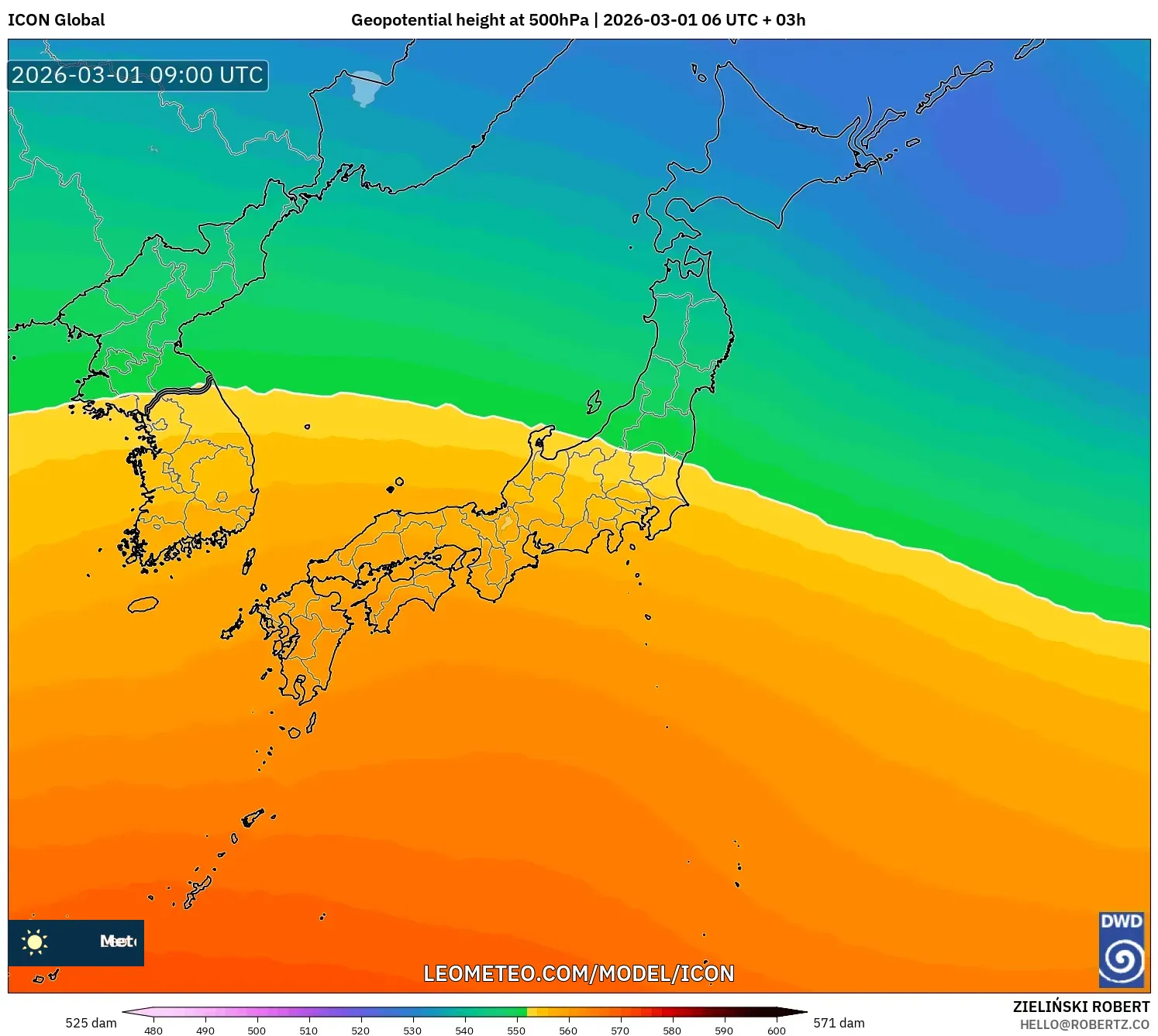 ICON model - Japan, Geopotential height at 500hPa