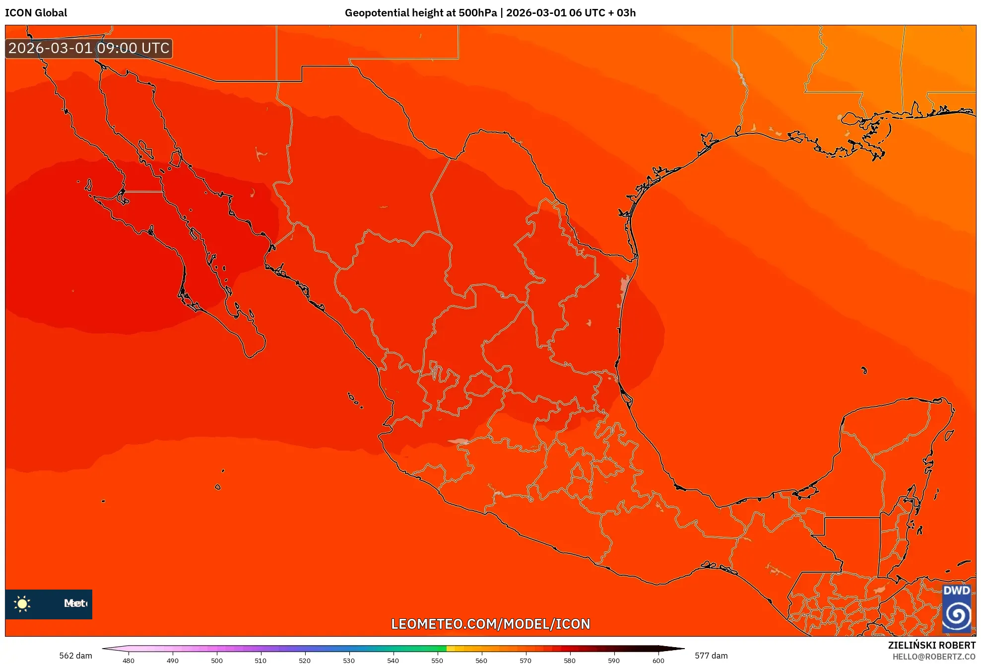 ICON model - Mexico, Geopotential height at 500hPa