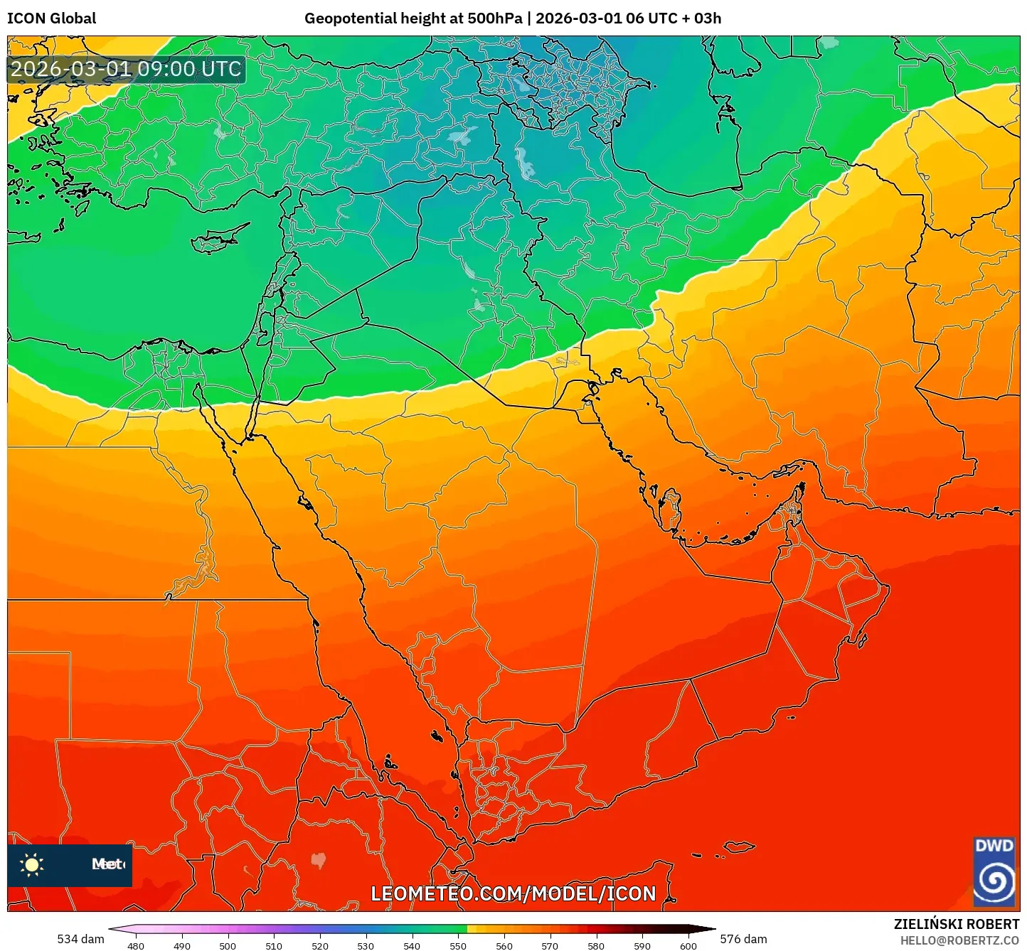 ICON model - Middle East, Geopotential height at 500hPa