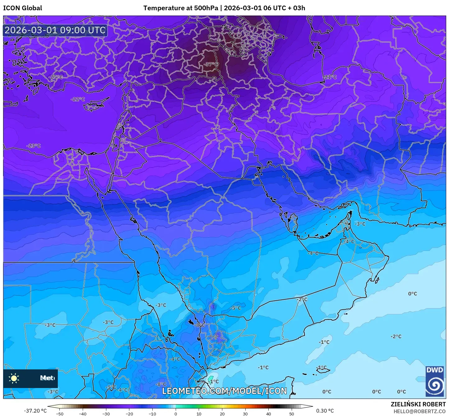 ICON model - Middle East, Temperature at 500hPa