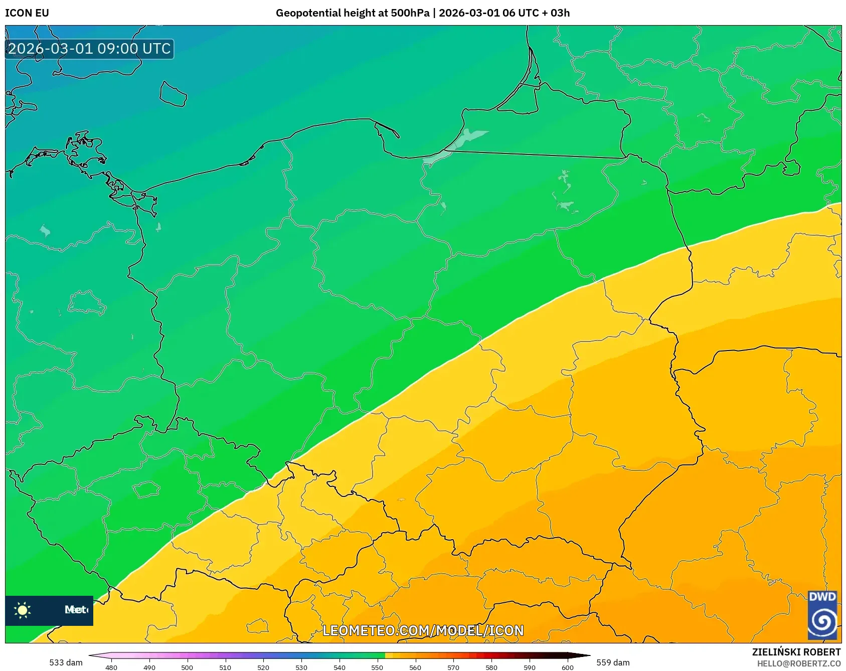 ICON model - Poland, Geopotential height at 500hPa