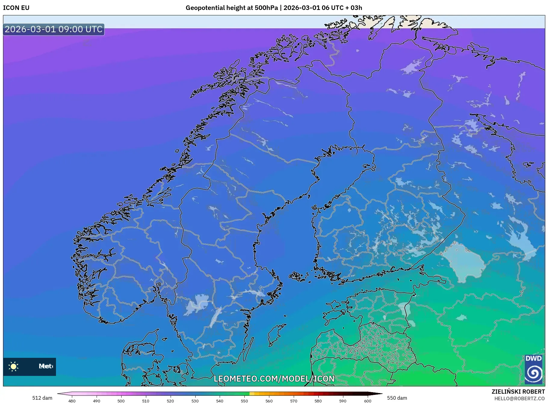 ICON model - Scandinavia, Geopotential height at 500hPa