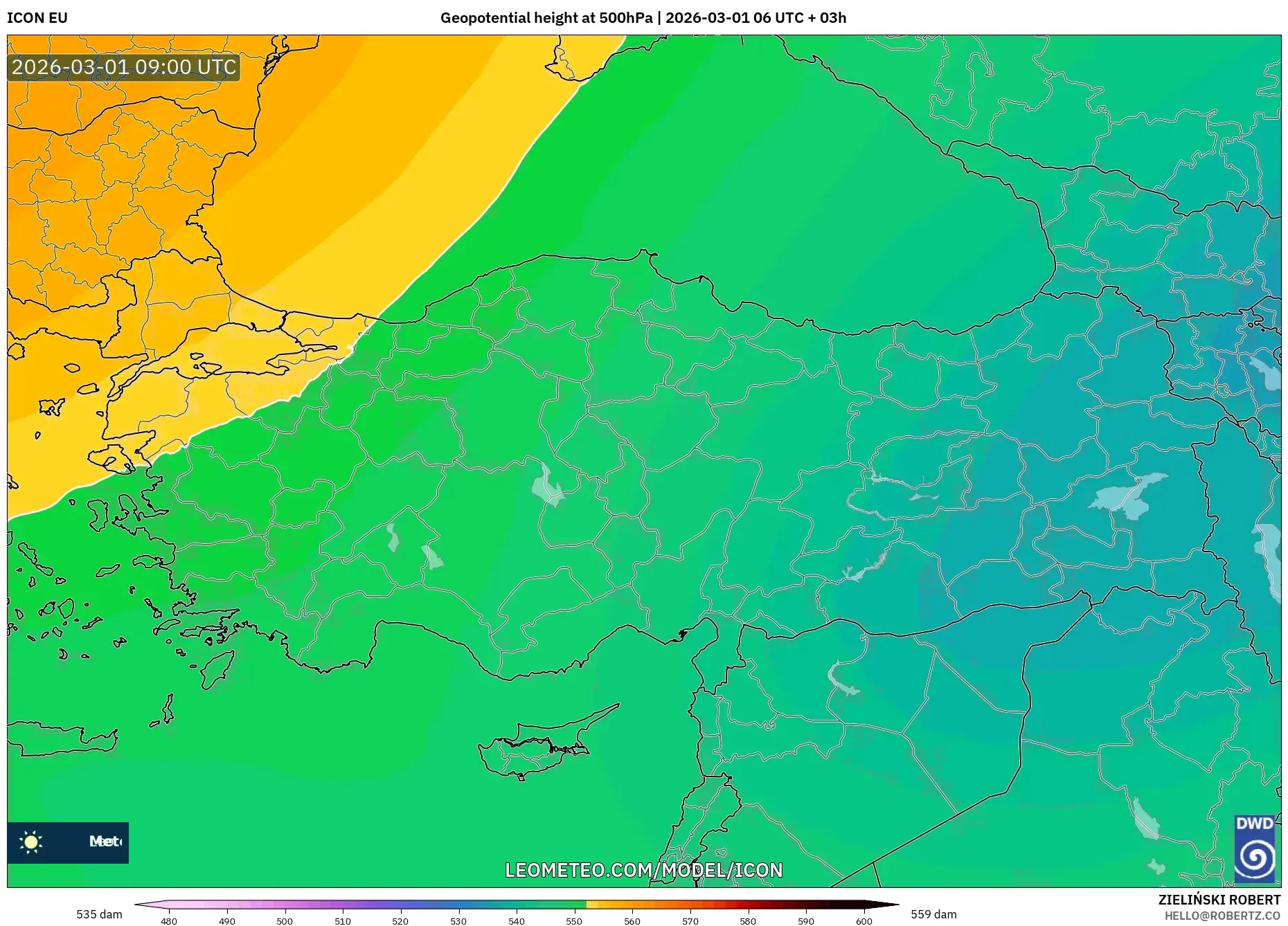 ICON model - Turkey, Geopotential height at 500hPa