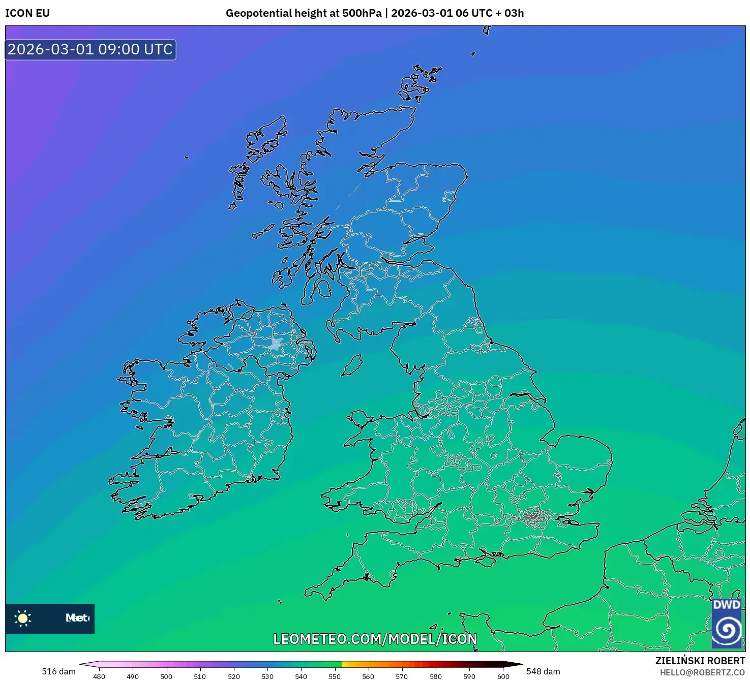 ICON model - United Kingdom, Geopotential height at 500hPa