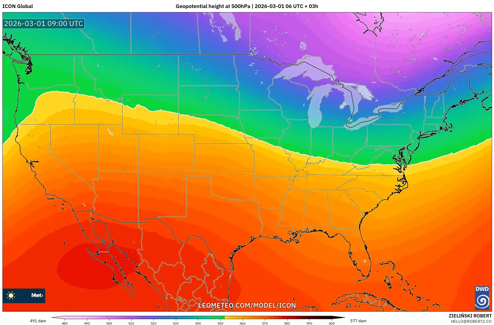 ICON model - United States, Geopotential height at 500hPa