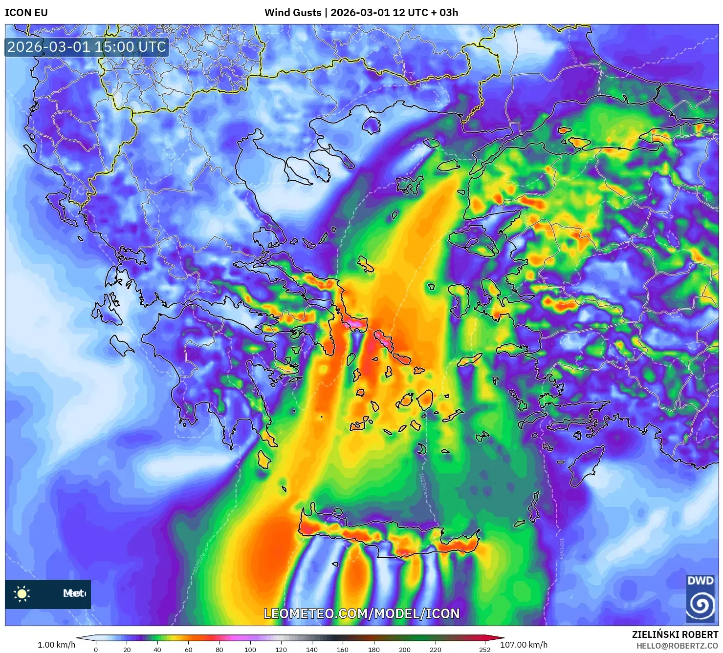 ICON model - Greece, Wind Gusts