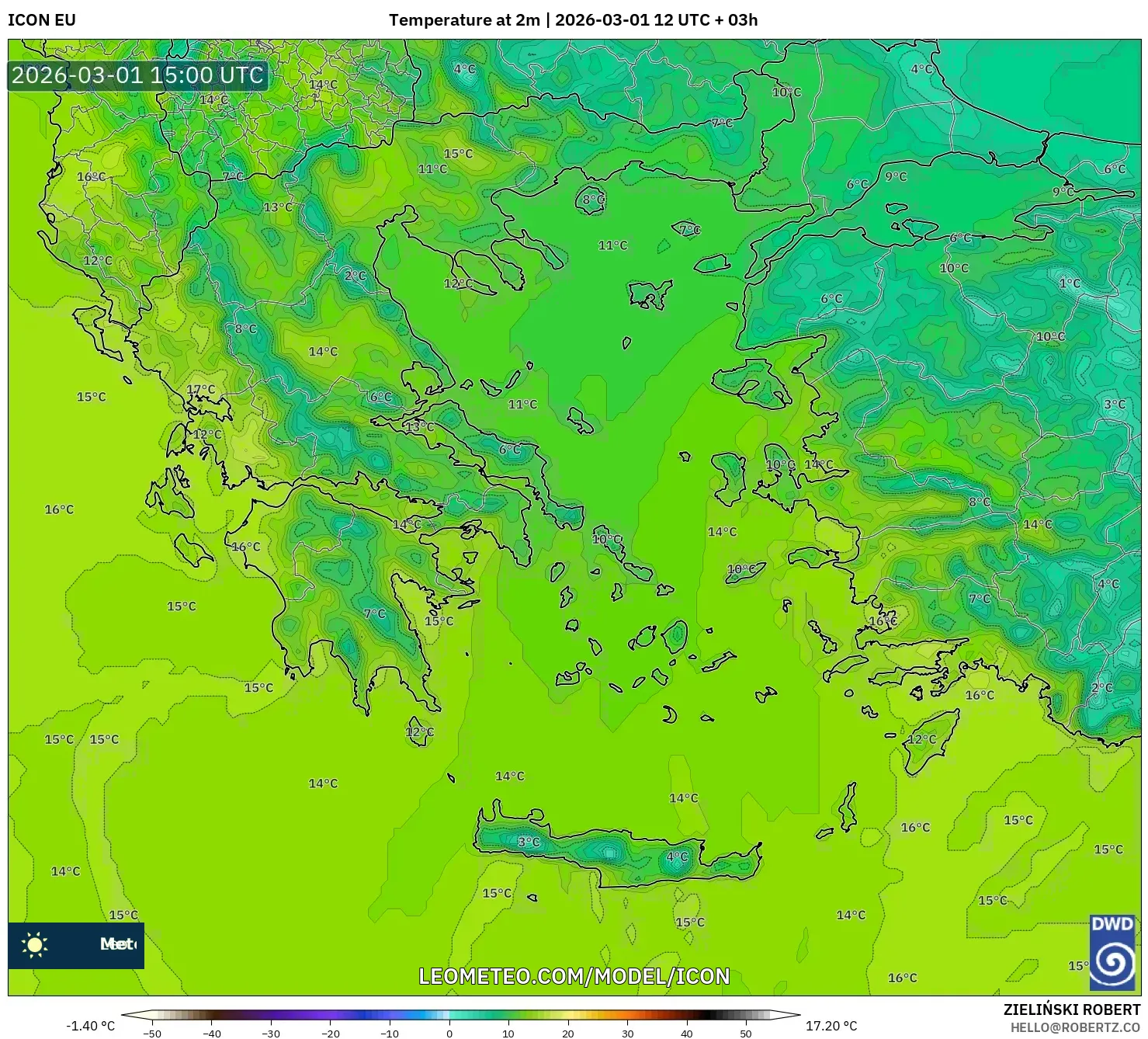 ICON model - Greece, Temperature at 2m
