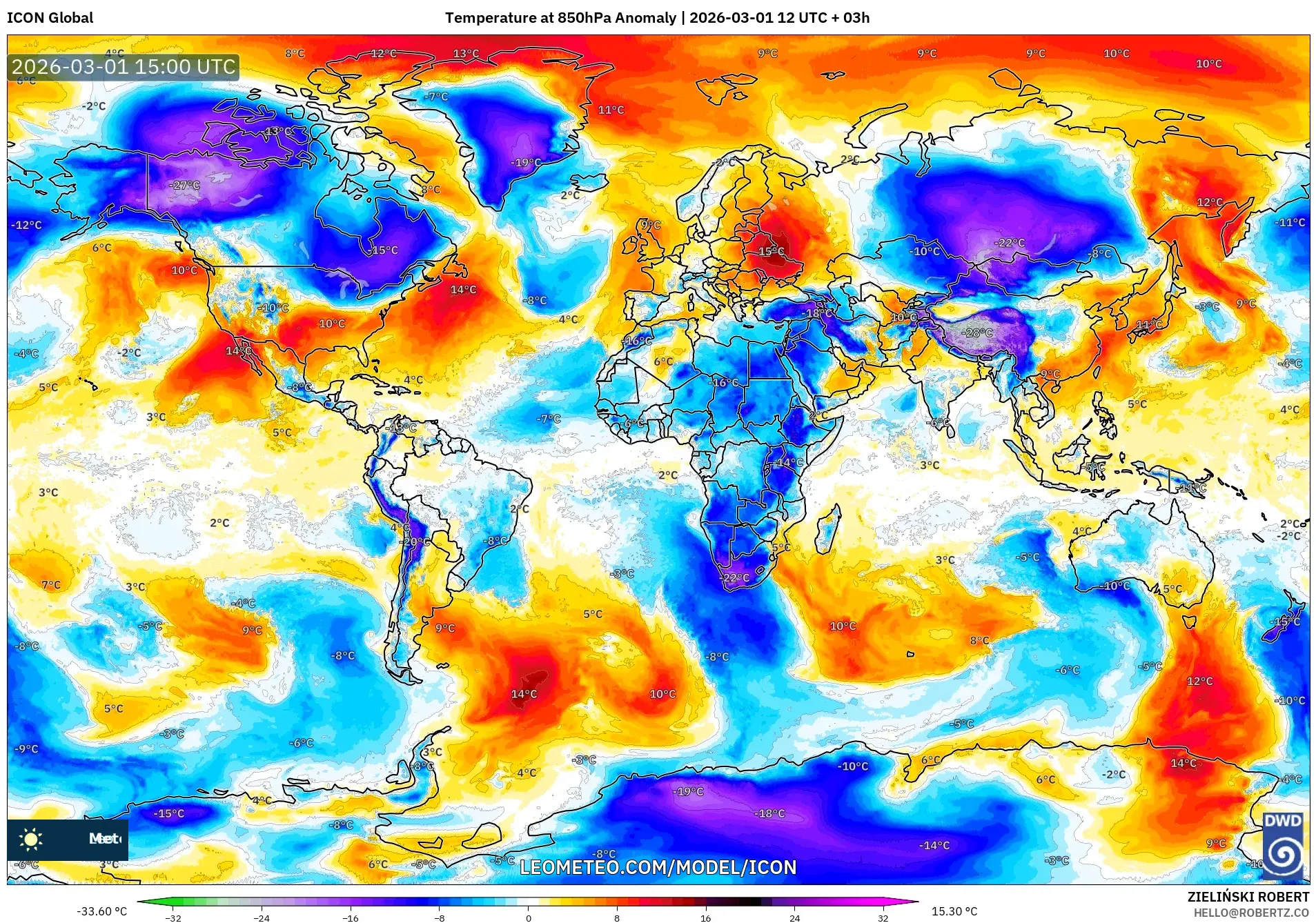ICON model - World, Temperature at 850hPa Anomaly