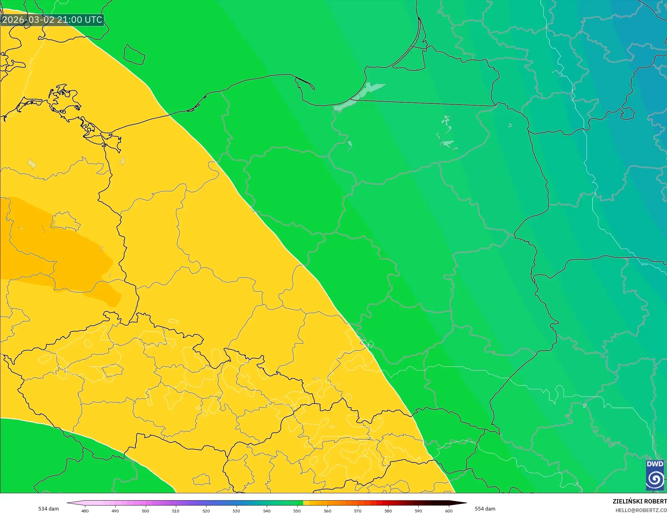 ICON model - Poland, Geopotential height at 500hPa