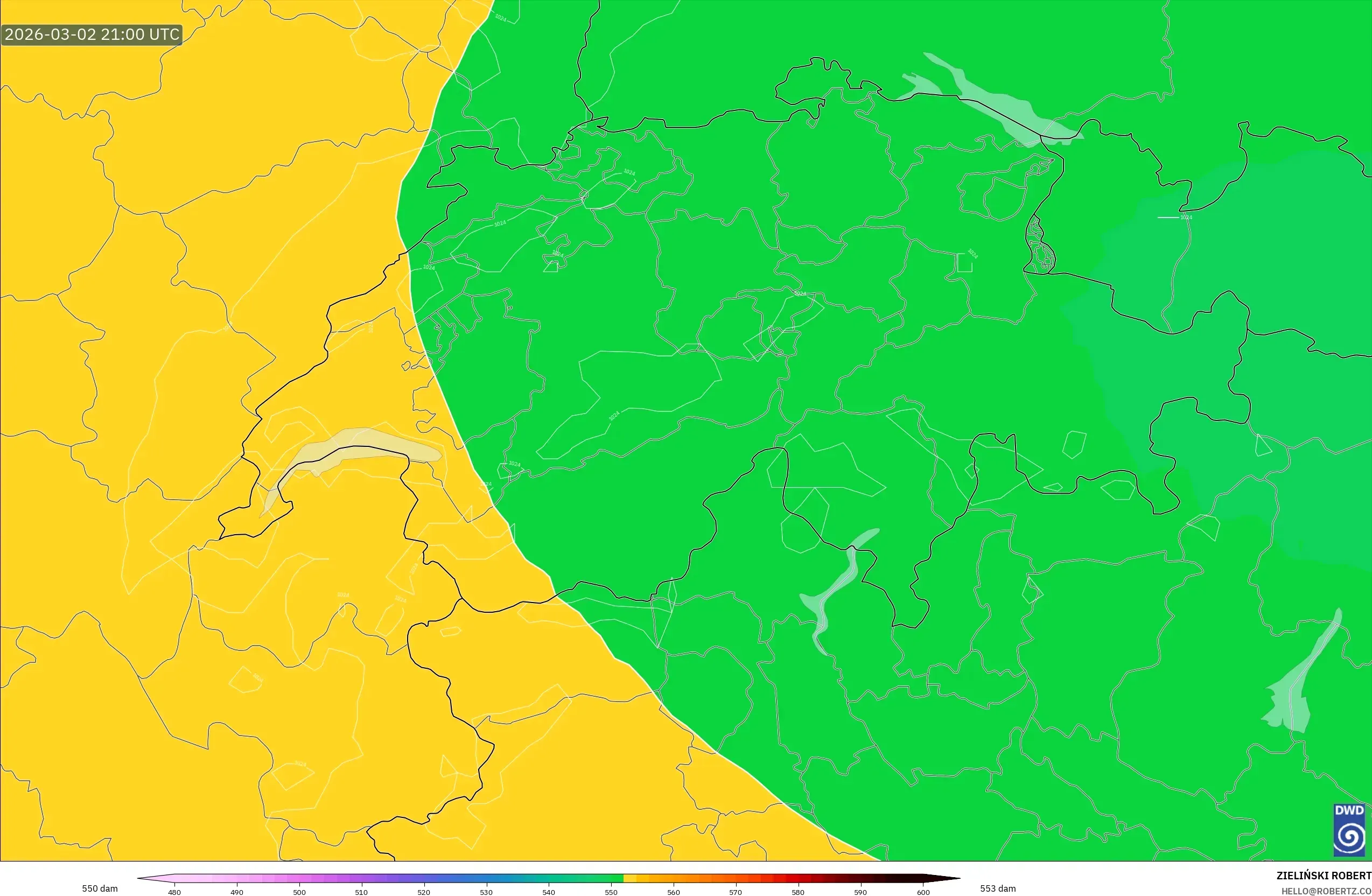 ICON model - Switzerland, Geopotential height at 500hPa