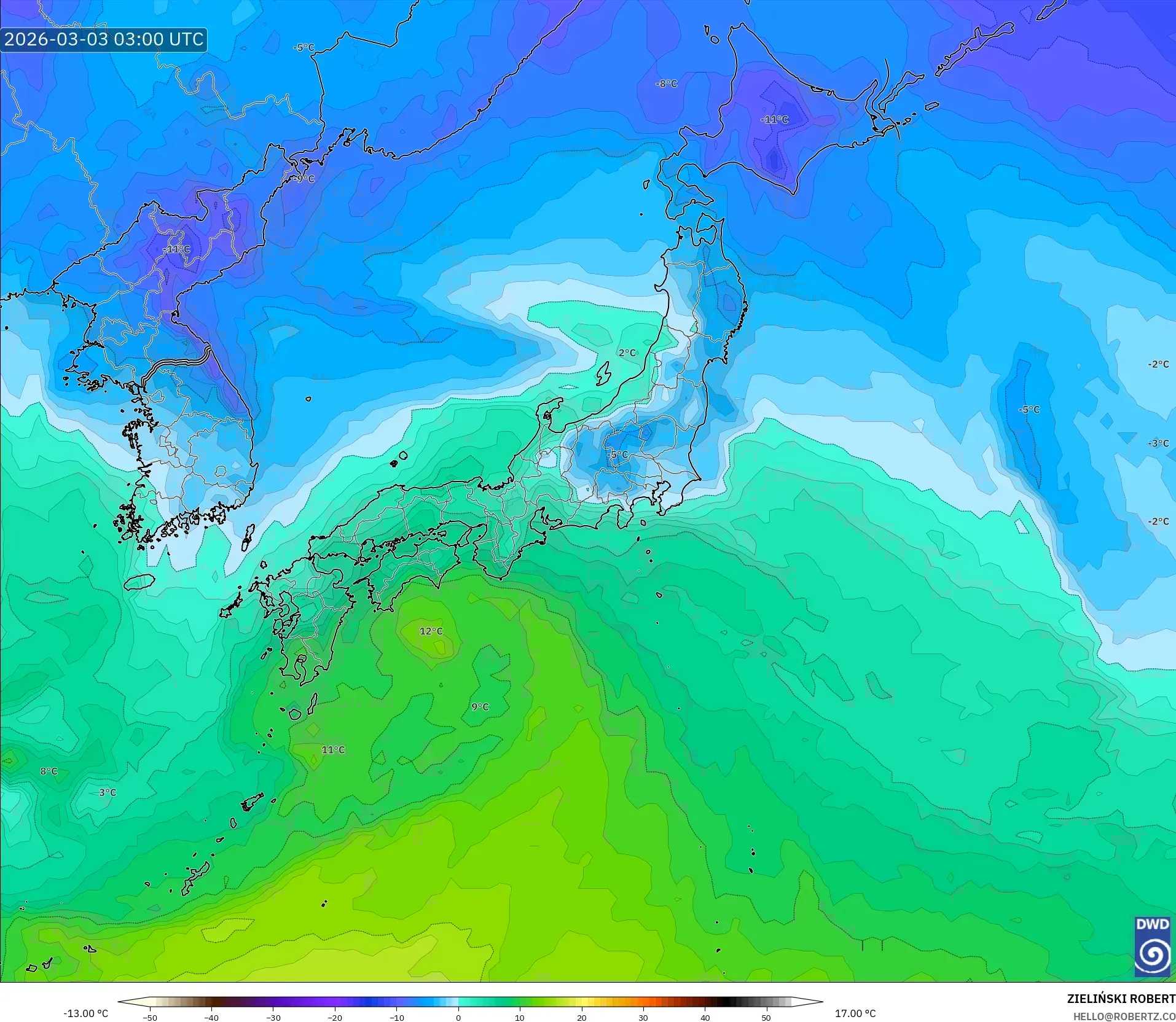 ICON model - Japan, Temperature at 850hPa