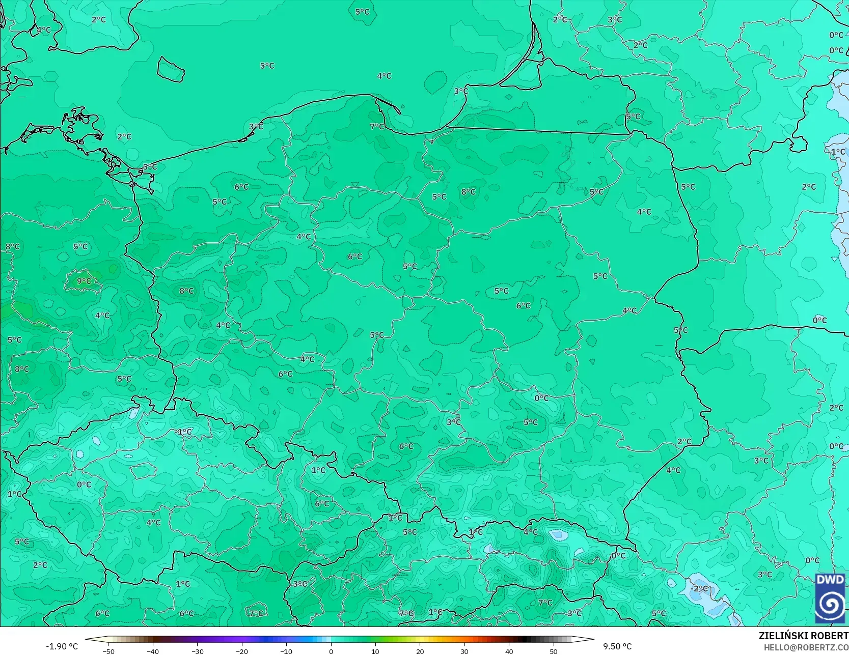 ICON model - Poland, Temperature at 2m
