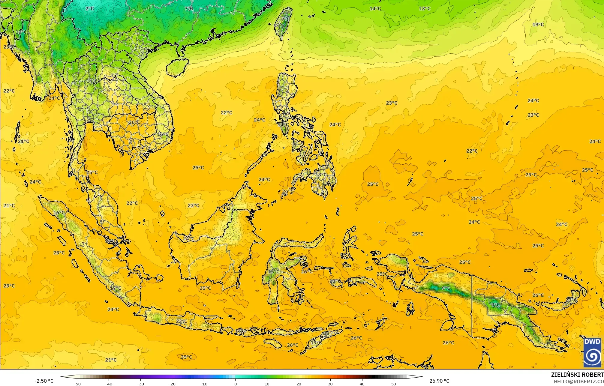 ICON model - South East Asia, Dewpoint at 2m