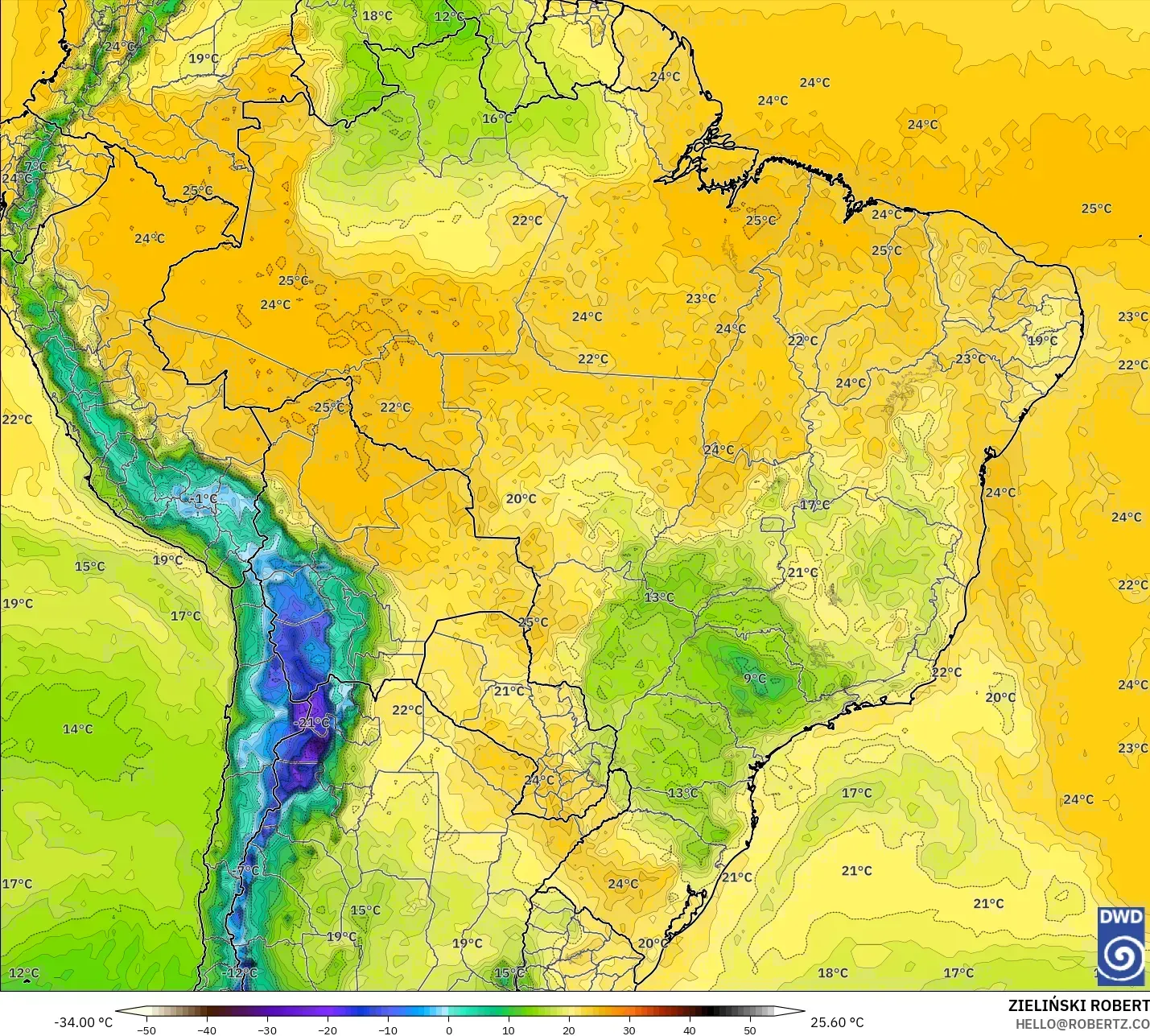 ICON model - Brazil, Dewpoint at 2m