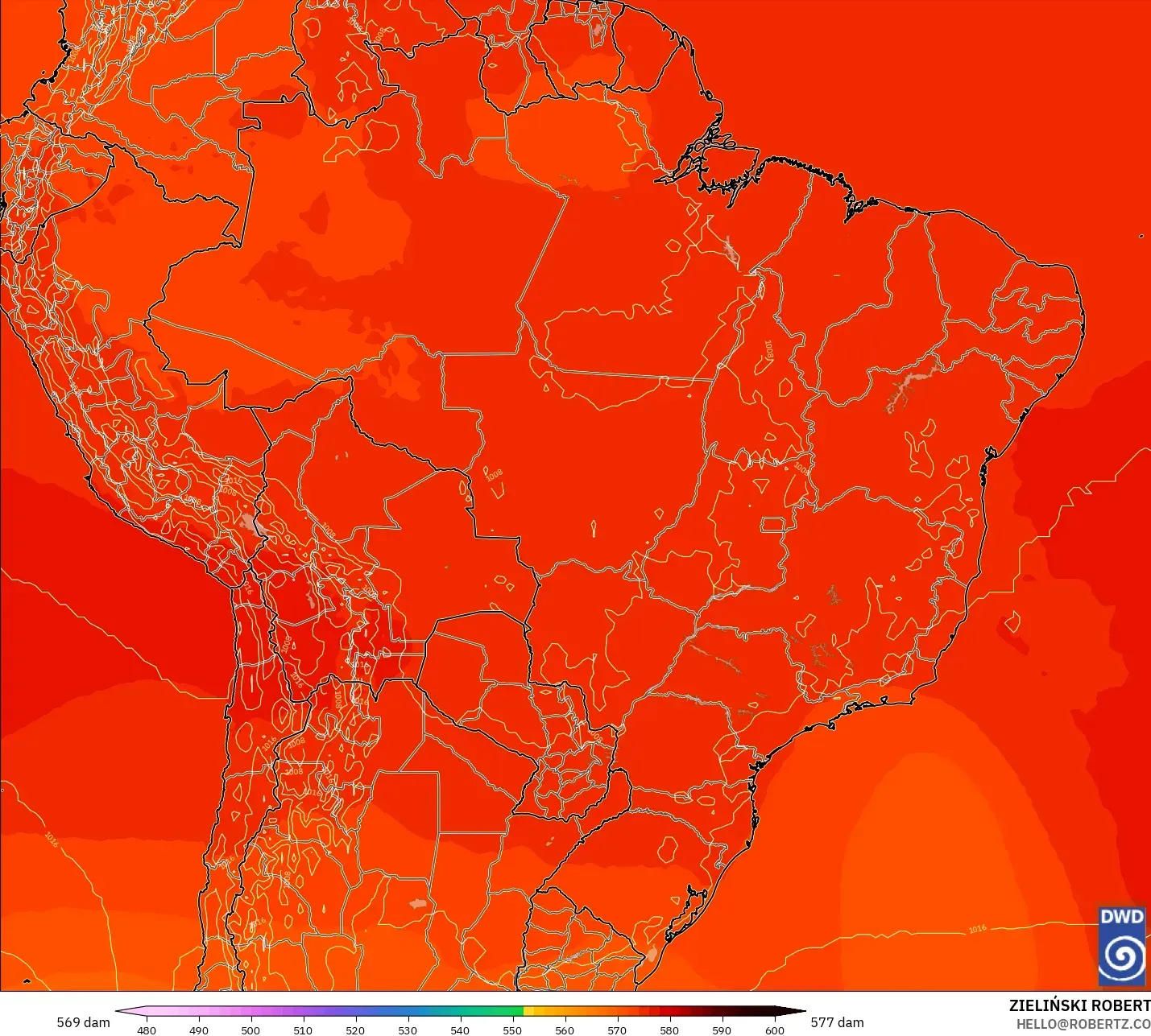 ICON model - Brazil, Geopotential height at 500hPa