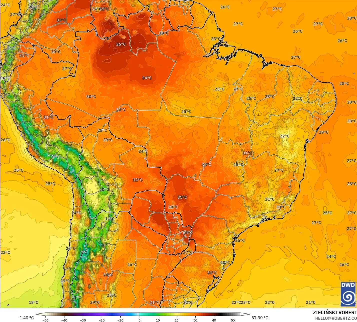 ICON model - Brazil, Temperature at 2m