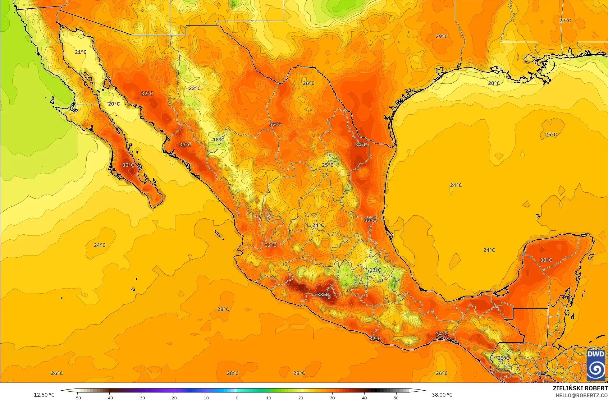 ICON model - Mexico, Temperature at 2m