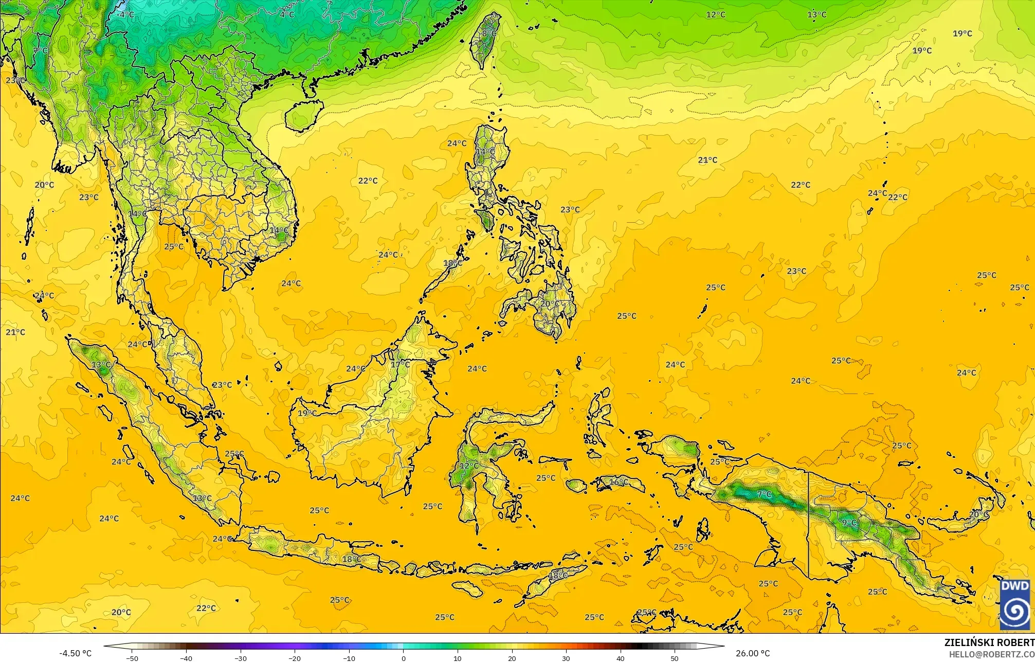 ICON model - South East Asia, Dewpoint at 2m