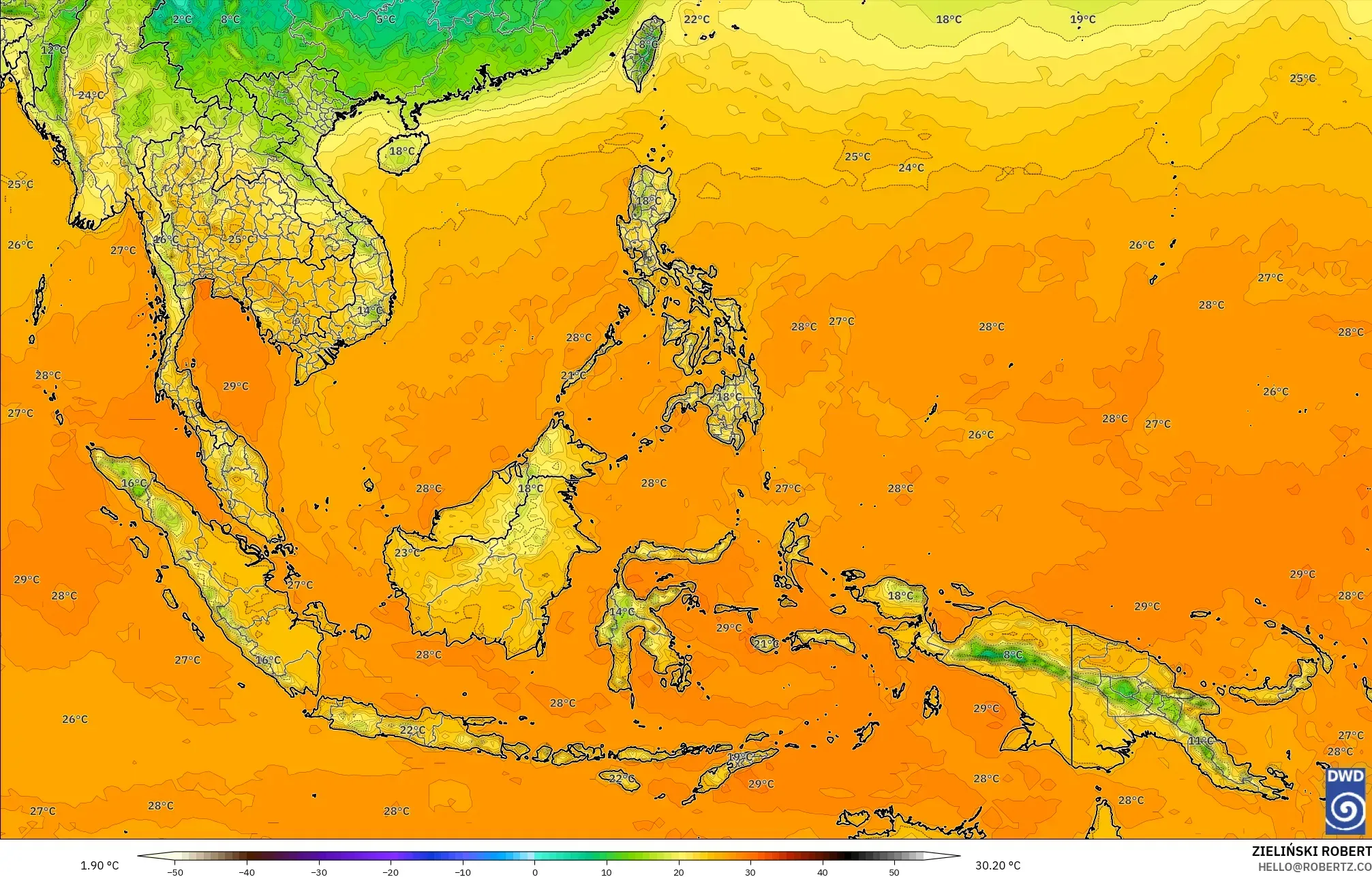 ICON model - South East Asia, Temperature at 2m