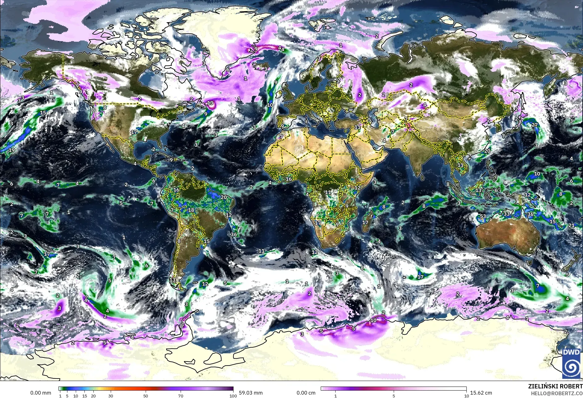 ICON model - World, Precipitation, Clouds, and Pressure