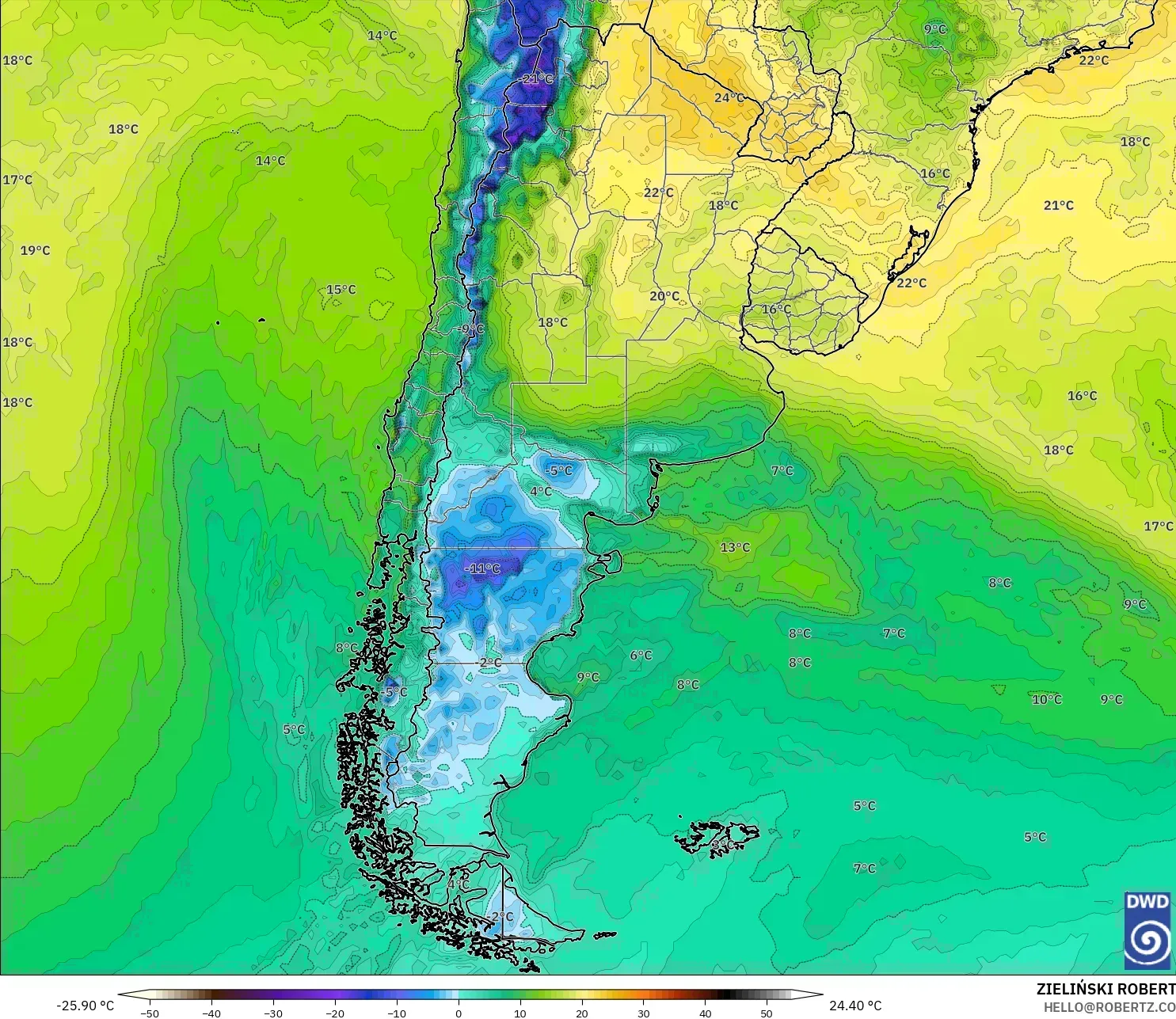 ICON model - Argentina, Dewpoint at 2m