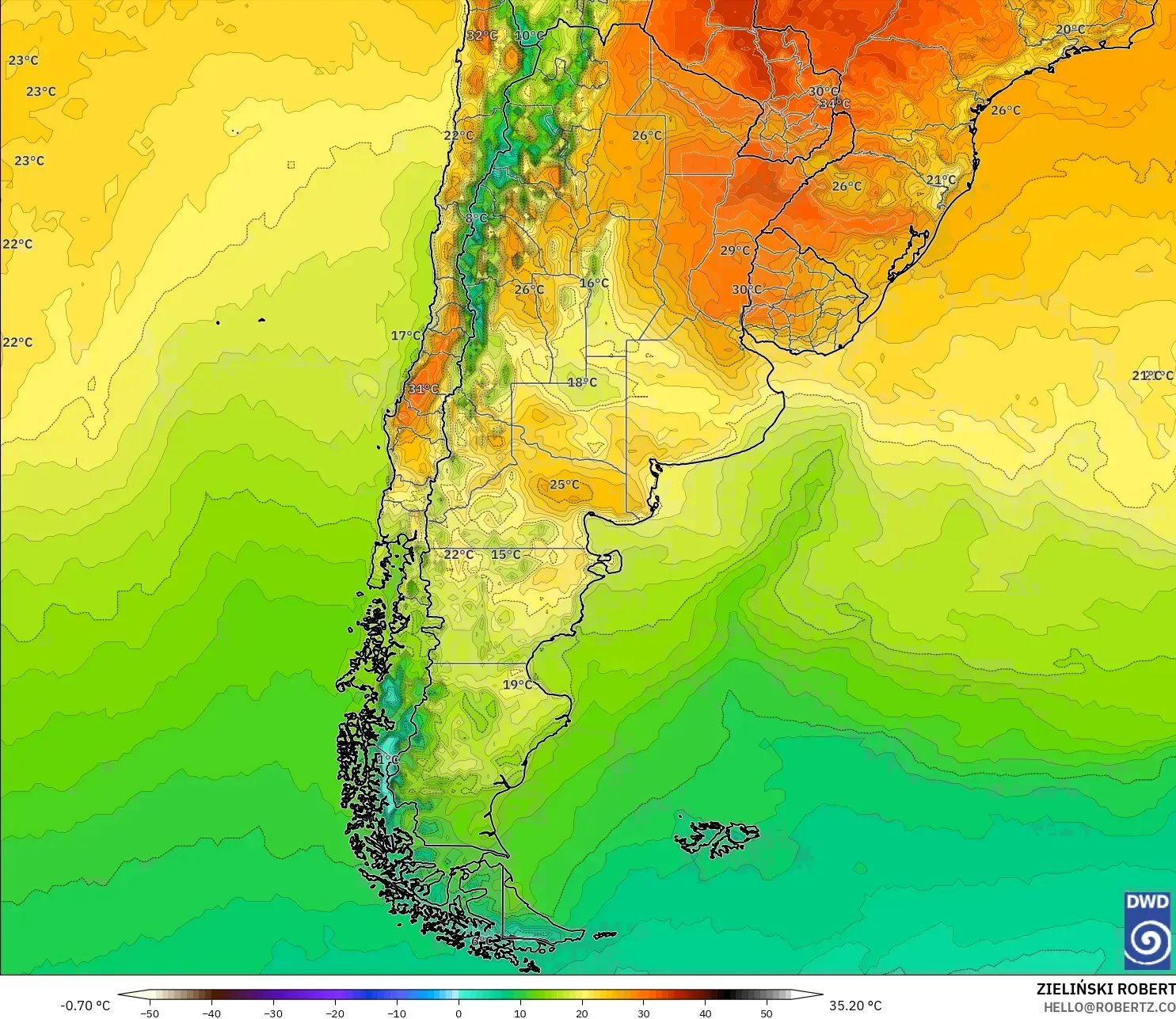 ICON model - Argentina, Temperature at 2m